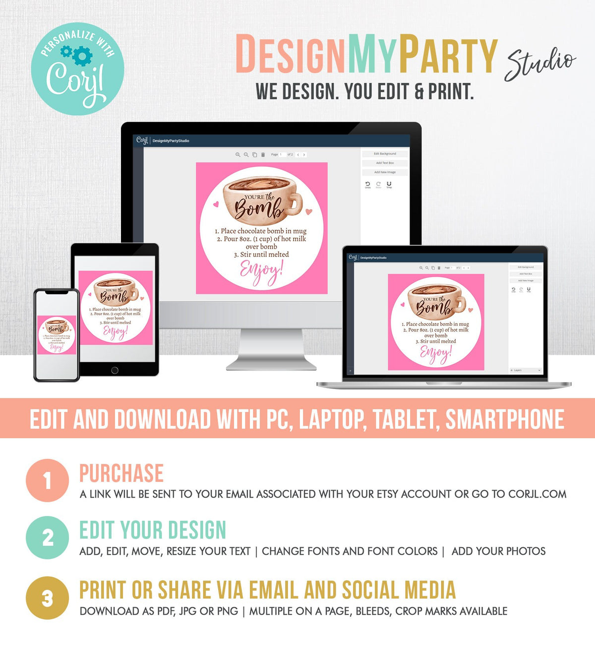 Editable Valentine Hot Chocolate Bomb Tags Bomb Instructions Hot Cocoa Bomb Favor Tags Valentine Gift You&#39;re The Bomb Digital PRINTABLE 0370