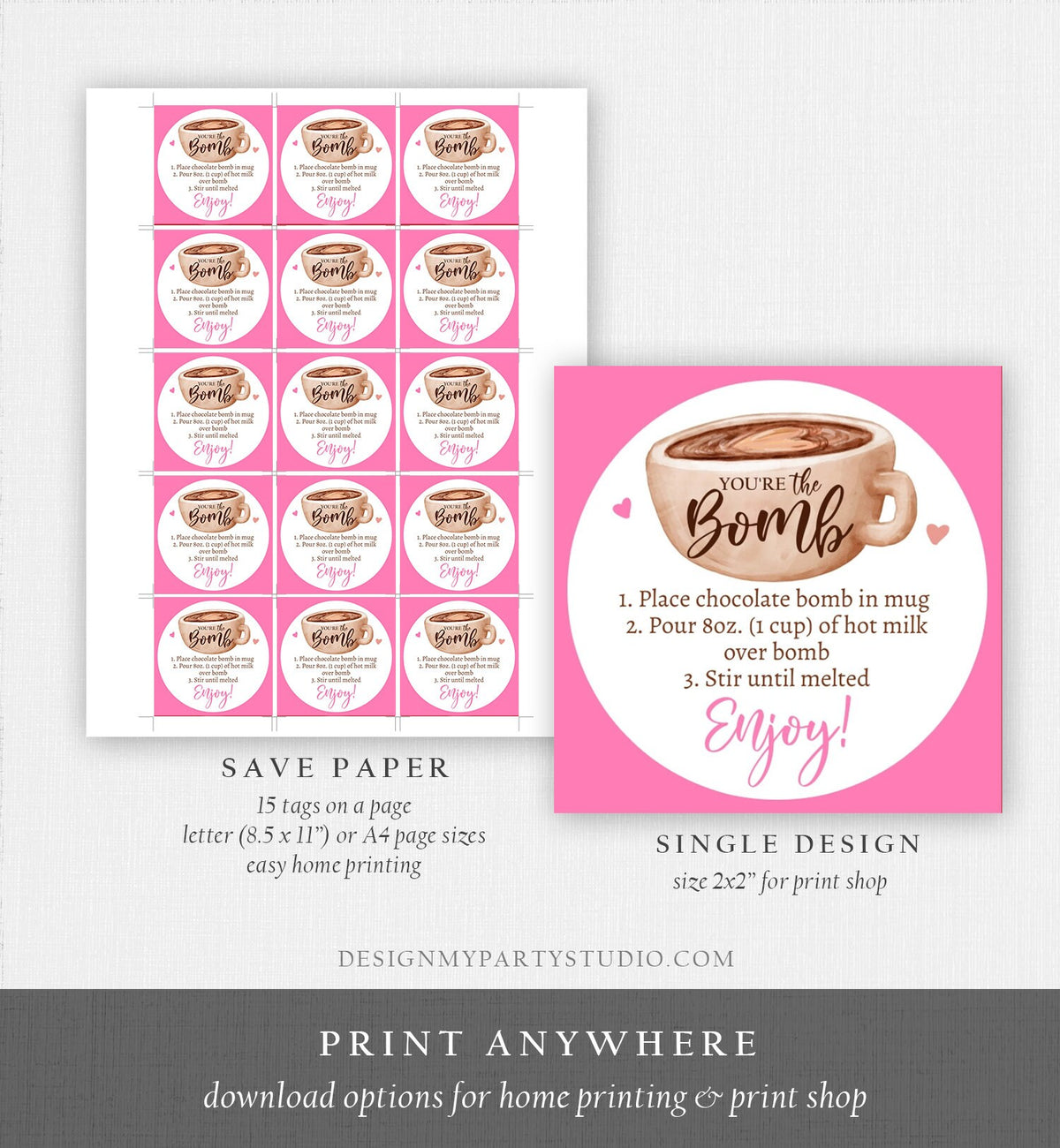 Editable Valentine Hot Chocolate Bomb Tags Bomb Instructions Hot Cocoa Bomb Favor Tags Valentine Gift You&#39;re The Bomb Digital PRINTABLE 0370