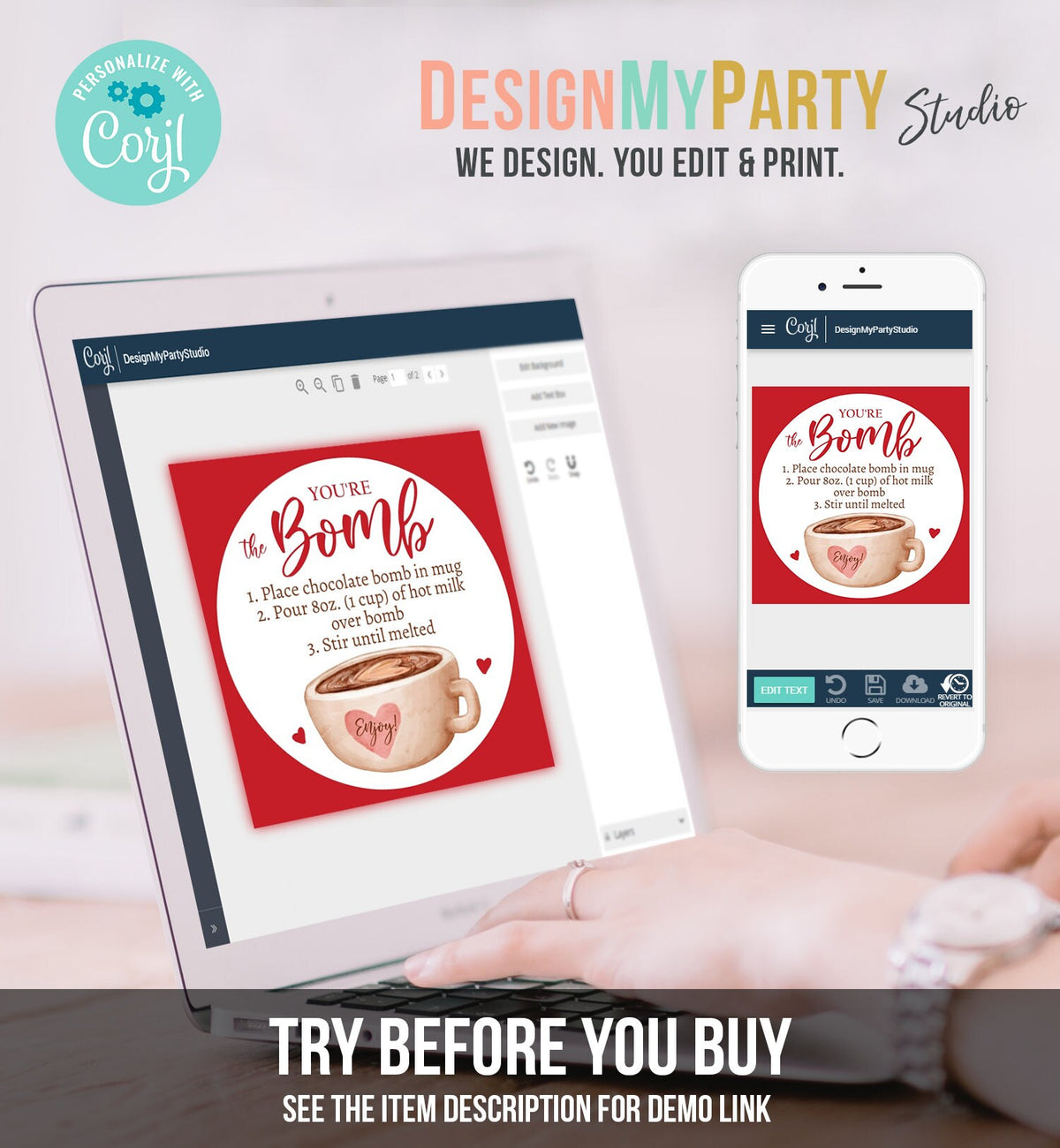 Editable Valentine Hot Chocolate Bomb Tags Bomb Instructions Hot Cocoa Bomb Favor Tags Valentine Gift You&#39;re The Bomb Digital PRINTABLE 0370