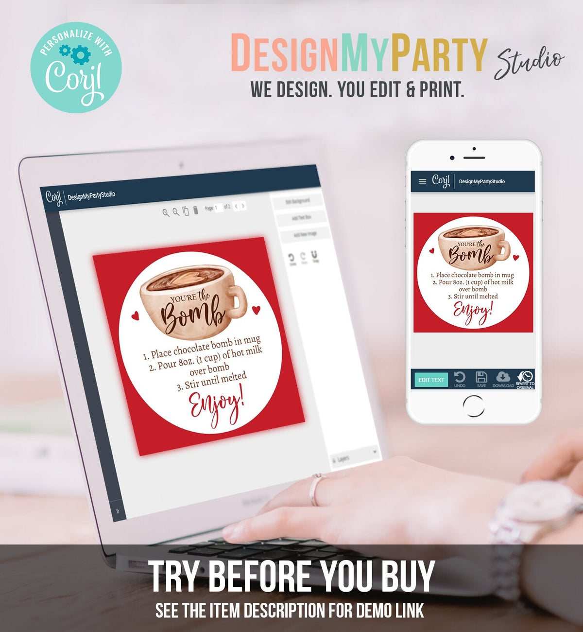 Editable Valentine Hot Chocolate Bomb Tags Bomb Instructions Hot Cocoa Bomb Favor Tags Valentine Gift You&#39;re The Bomb Digital PRINTABLE 0370