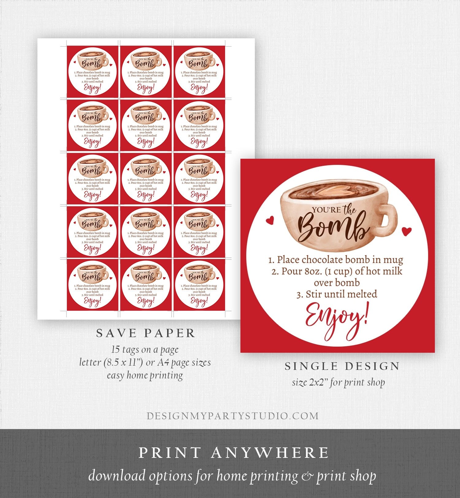 Editable Valentine Hot Chocolate Bomb Tags Bomb Instructions Hot Cocoa Bomb Favor Tags Valentine Gift You're The Bomb Digital PRINTABLE 0370