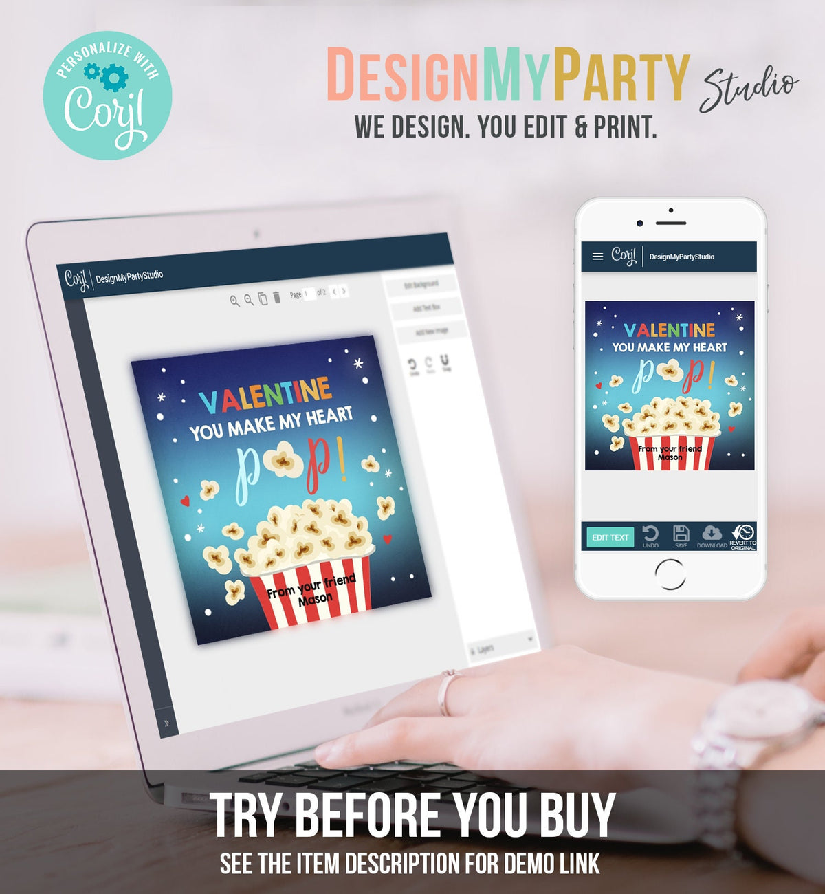 Editable Popcorn Valentine&#39;s Day Tag You Make my Heart Pop Sticker Valentines Day Card for Kids School Class Tag Digital PRINTABLE 0367 0370