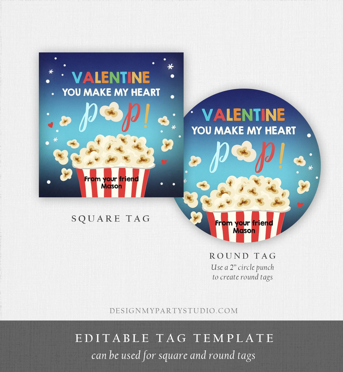 Editable Popcorn Valentine&#39;s Day Tag You Make my Heart Pop Sticker Valentines Day Card for Kids School Class Tag Digital PRINTABLE 0367 0370
