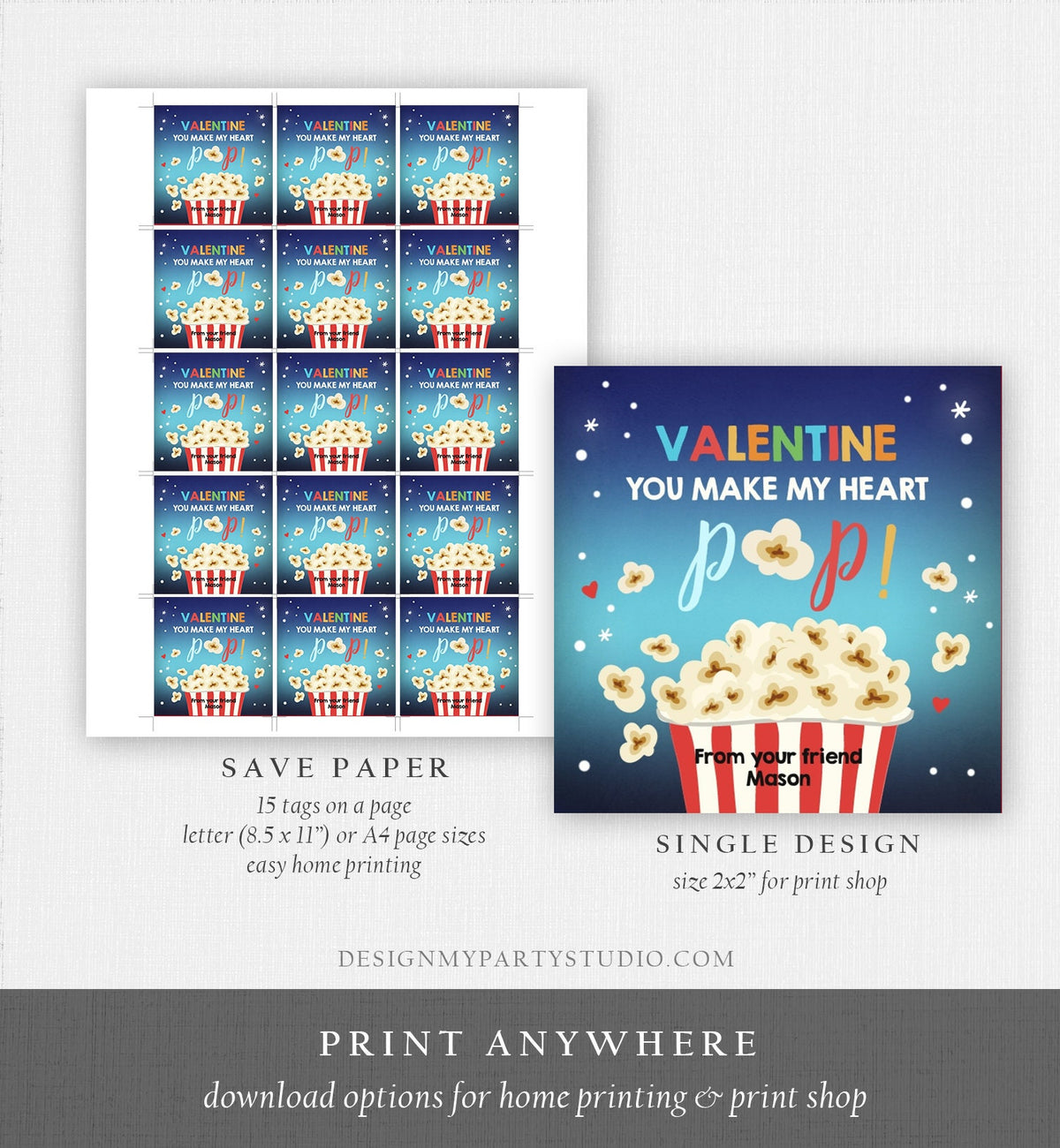 Editable Popcorn Valentine&#39;s Day Tag You Make my Heart Pop Sticker Valentines Day Card for Kids School Class Tag Digital PRINTABLE 0367 0370