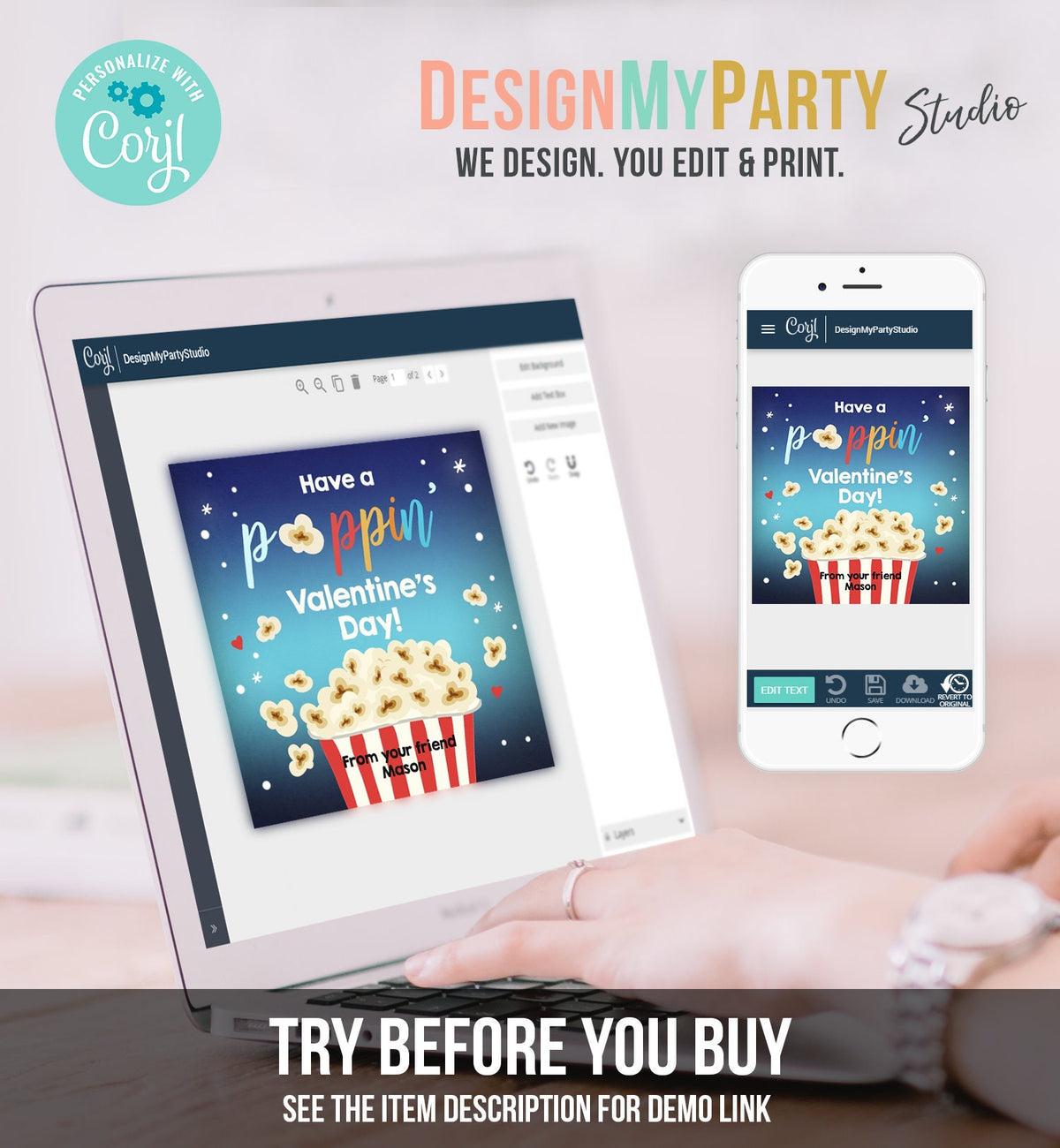 Editable Popcorn Valentine&#39;s Day Tag Poppin&#39; Sticker Valentines Day Card for Kids School Class Gift Tag Digital PRINTABLE 0367 0370