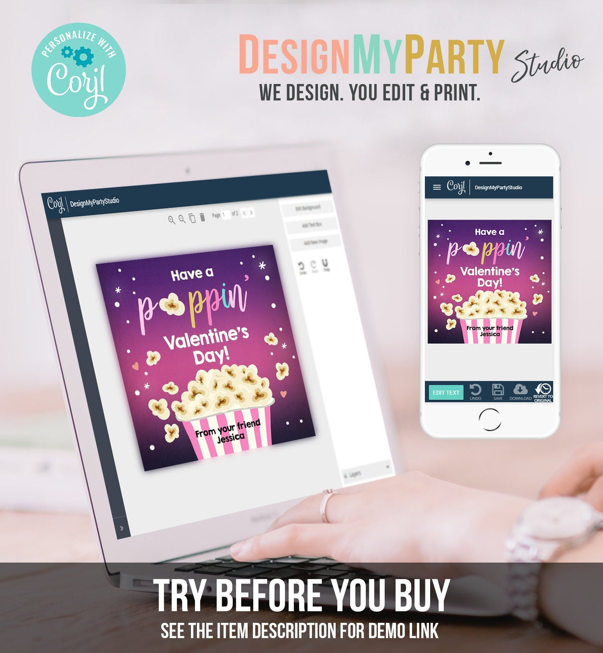 Editable Popcorn Valentine&#39;s Day Tag Poppin&#39; Sticker Valentines Day Card for Kids School Class Gift Tag Digital PRINTABLE 0367 0370