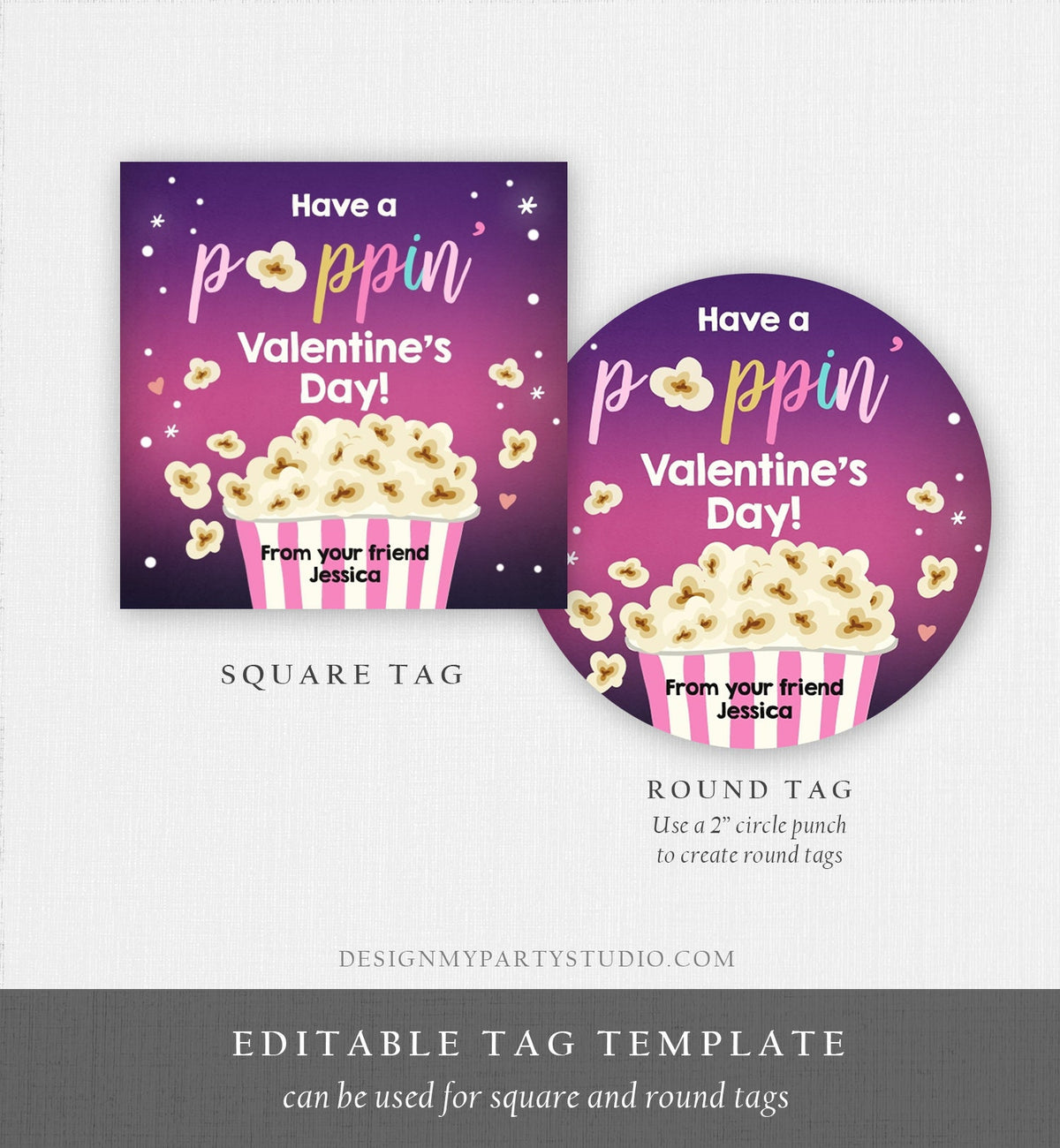 Editable Popcorn Valentine&#39;s Day Tag Poppin&#39; Sticker Valentines Day Card for Kids School Class Gift Tag Digital PRINTABLE 0367 0370