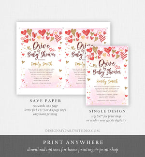 Editable Drive By Baby Shower Invitation Valentine Sweetheart Pink Red Gold Hearts Drive Through Showered Love Corjl Template Printable 0371