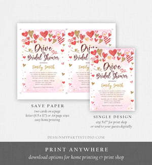 Editable Drive By Bridal Shower Invitation Valentine Sweetheart Pink Gold Hearts Drive Through Wedding Showered Love Corjl Printable 0371