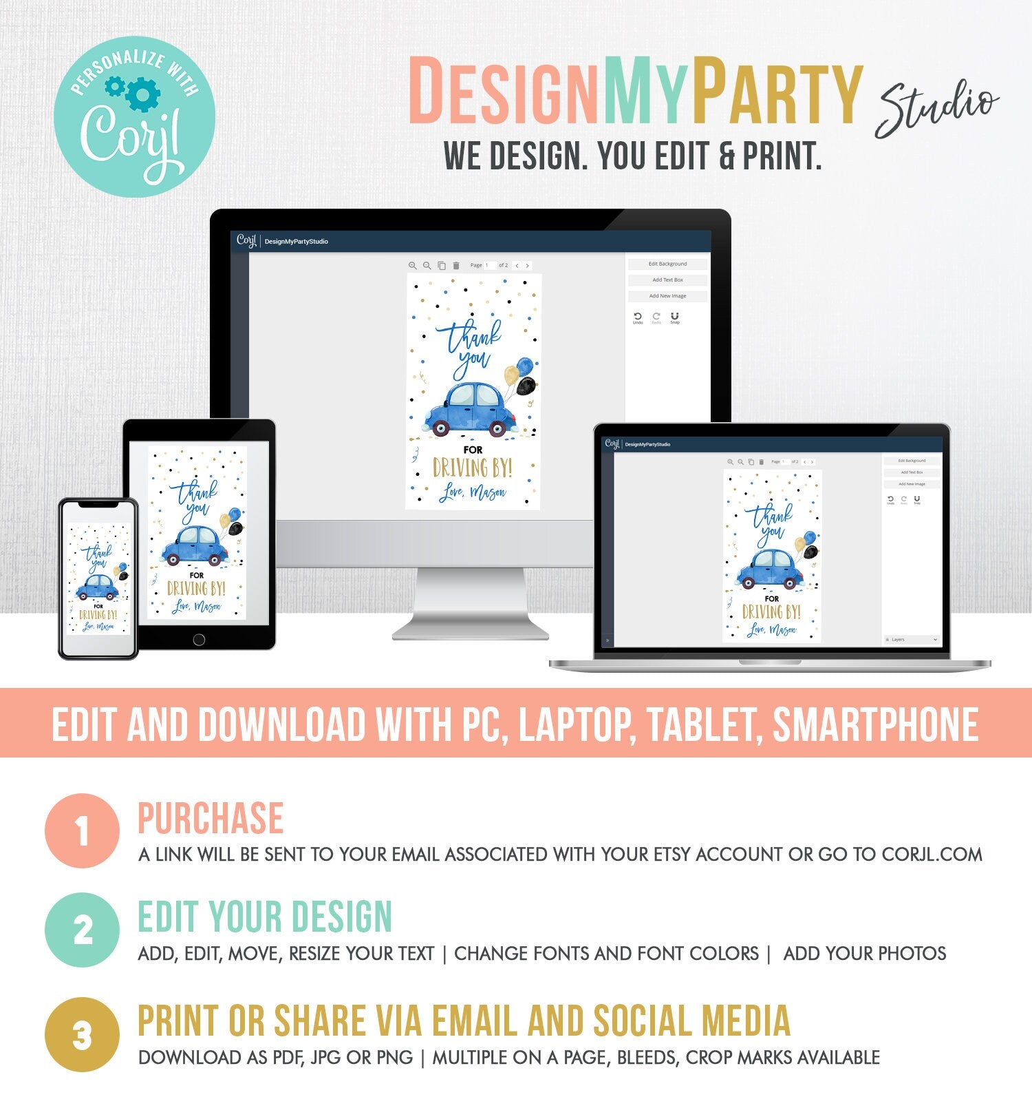 Editable Drive By Favor Tag Birthday Parade Drive Through Favors Party Thank You Gift Quarantine Blue Car Corjl Template Printable 0333