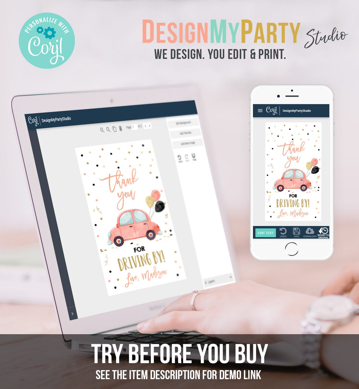 Editable Drive By Favor Tag Birthday Parade Drive Through Favors Party Thank You Gift Quarantine Coral Car Corjl Template Printable 0333