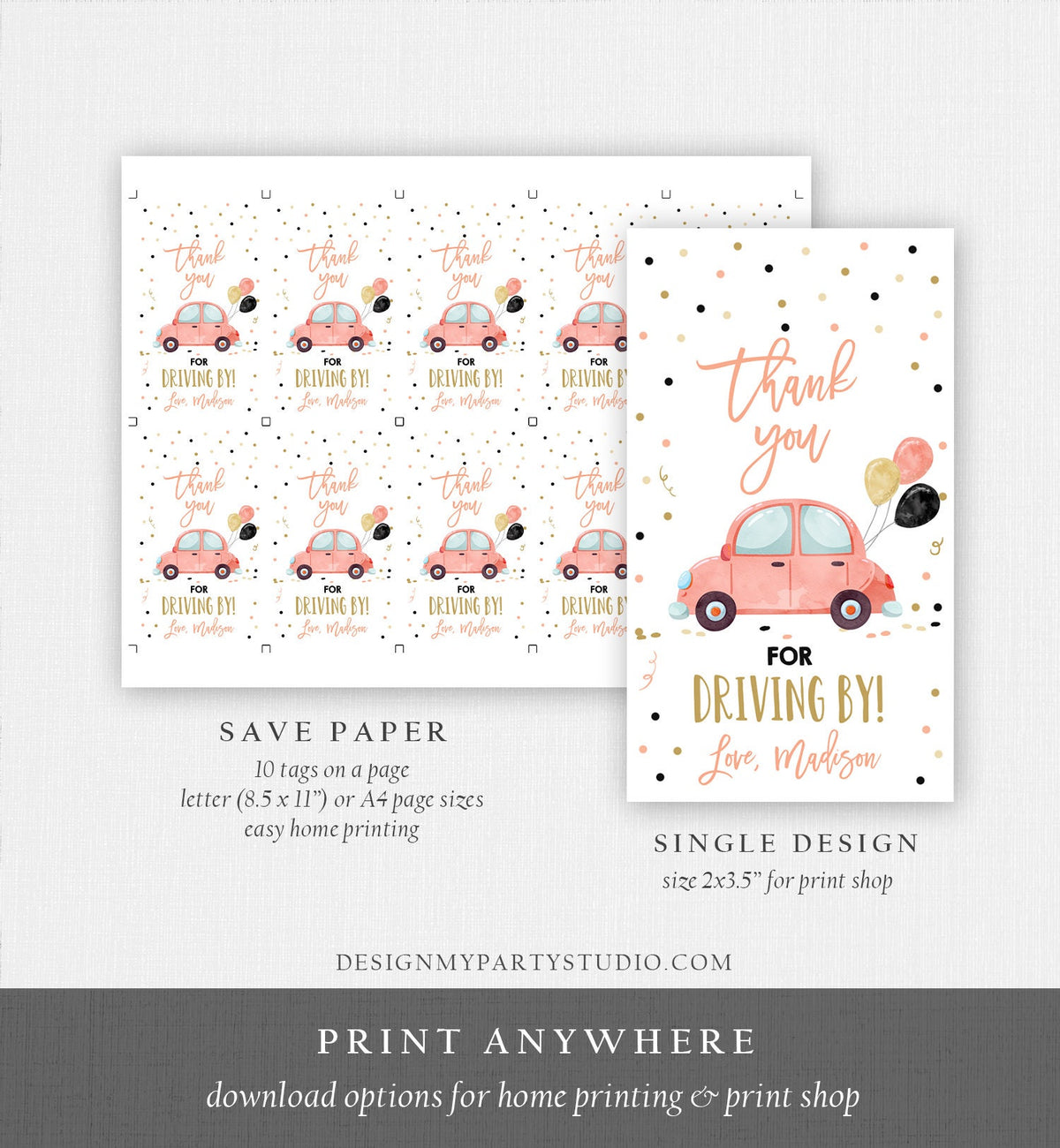 Editable Drive By Favor Tag Birthday Parade Drive Through Favors Party Thank You Gift Quarantine Coral Car Corjl Template Printable 0333
