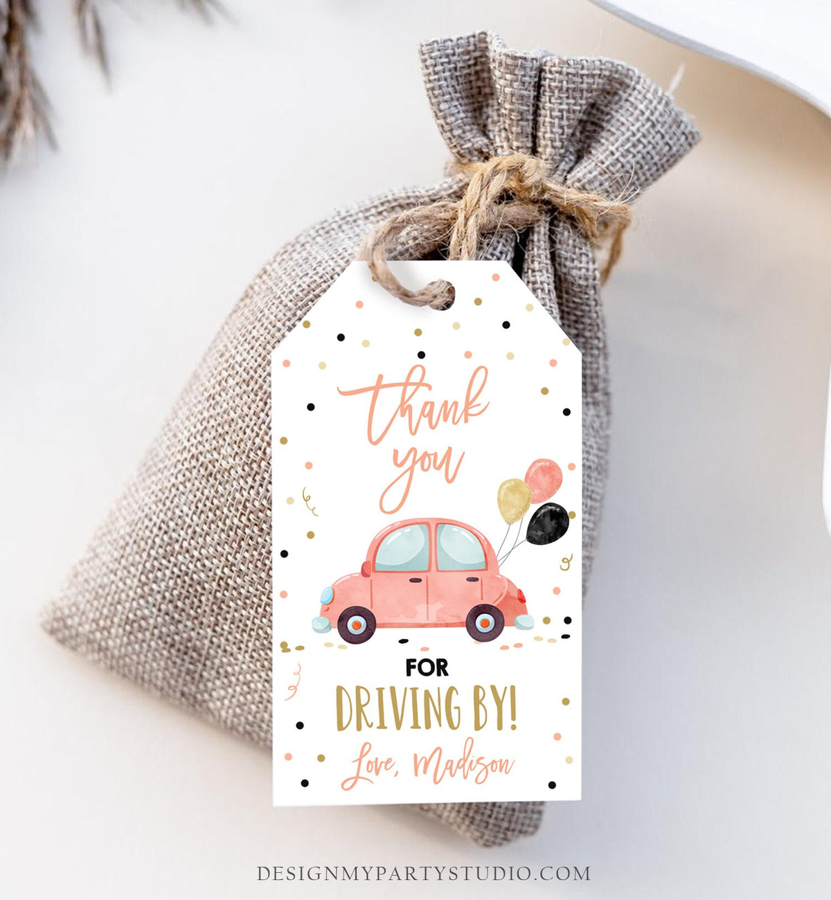 Editable Drive By Favor Tag Birthday Parade Drive Through Favors Party Thank You Gift Quarantine Coral Car Corjl Template Printable 0333