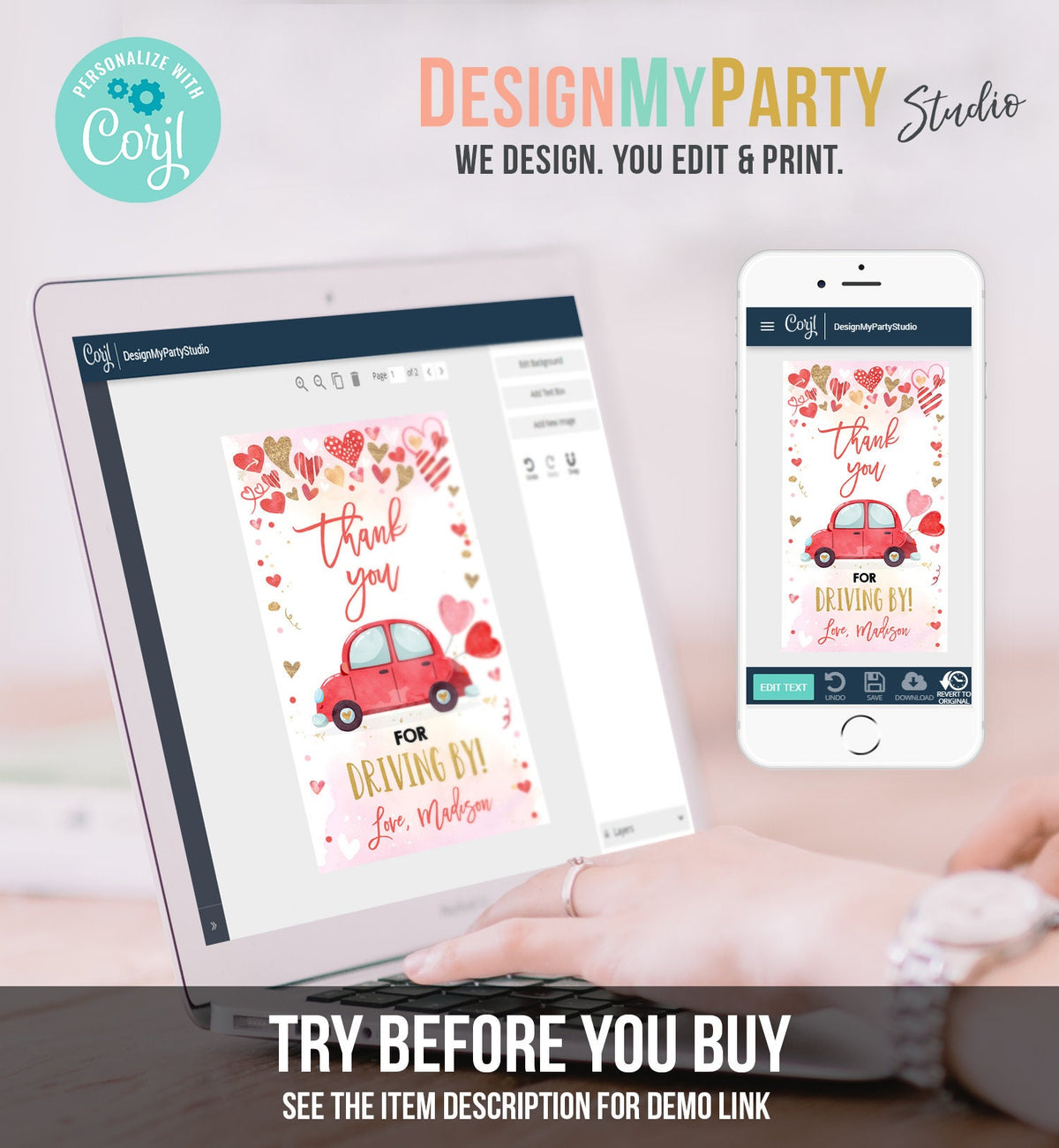 Editable Drive By Favor Tag Valentine Hearts Birthday Parade Drive Through Favors Party Thank You Red Pink Car Corjl Template Printable 0371