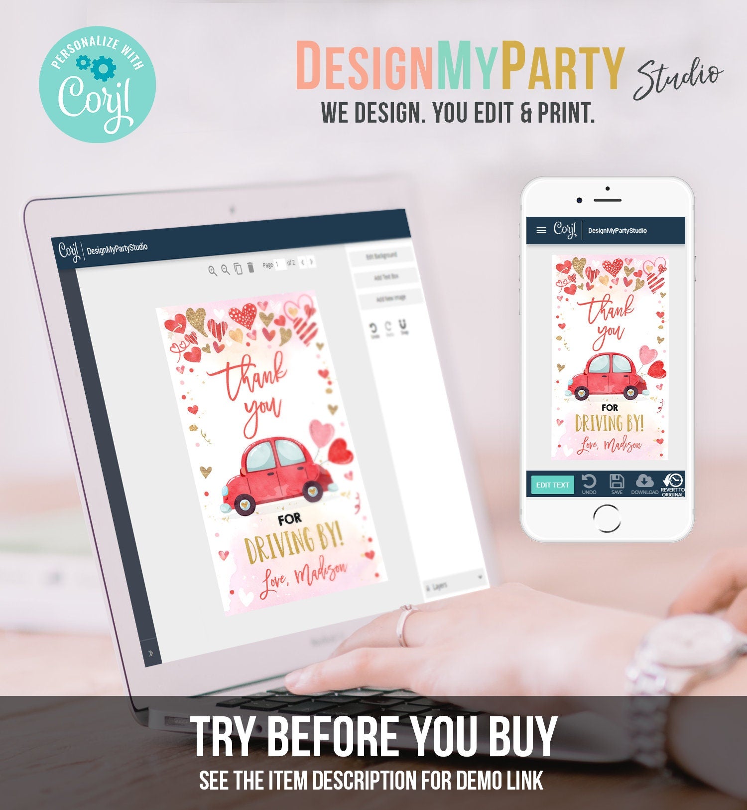 Editable Drive By Favor Tag Valentine Hearts Birthday Parade Drive Through Favors Party Thank You Red Pink Car Corjl Template Printable 0371