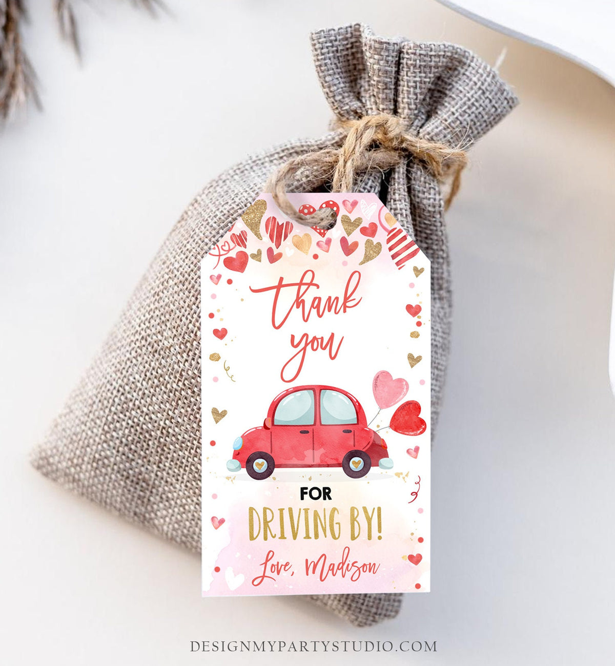 Editable Drive By Favor Tag Valentine Hearts Birthday Parade Drive Through Favors Party Thank You Red Pink Car Corjl Template Printable 0371
