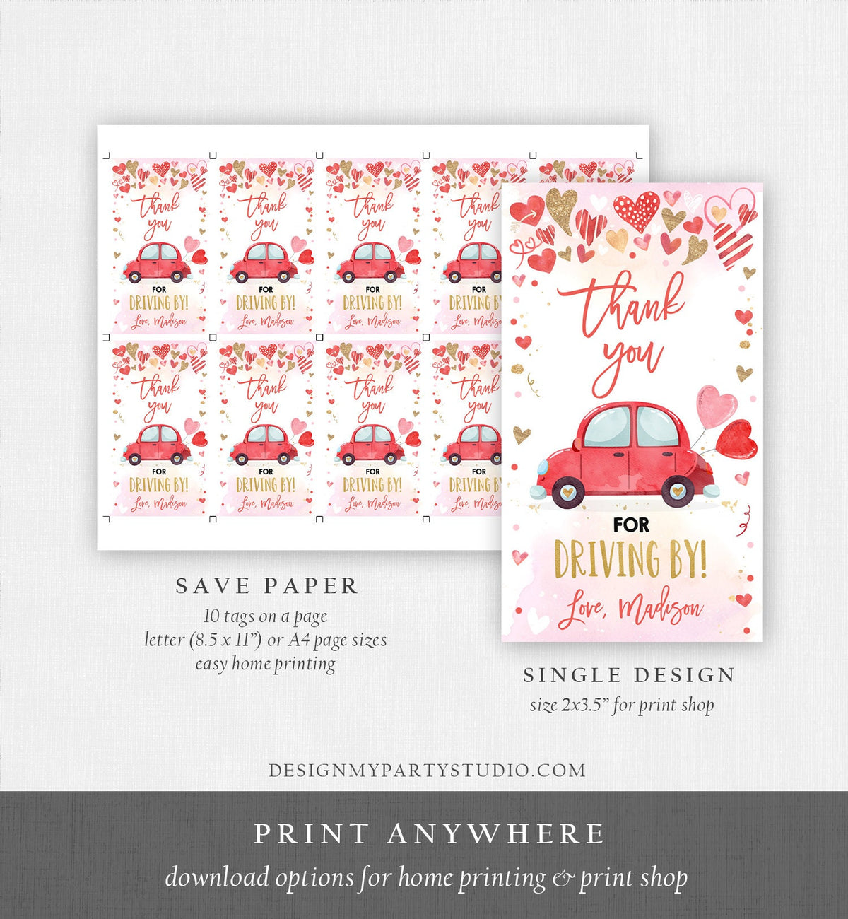 Editable Drive By Favor Tag Valentine Hearts Birthday Parade Drive Through Favors Party Thank You Red Pink Car Corjl Template Printable 0371