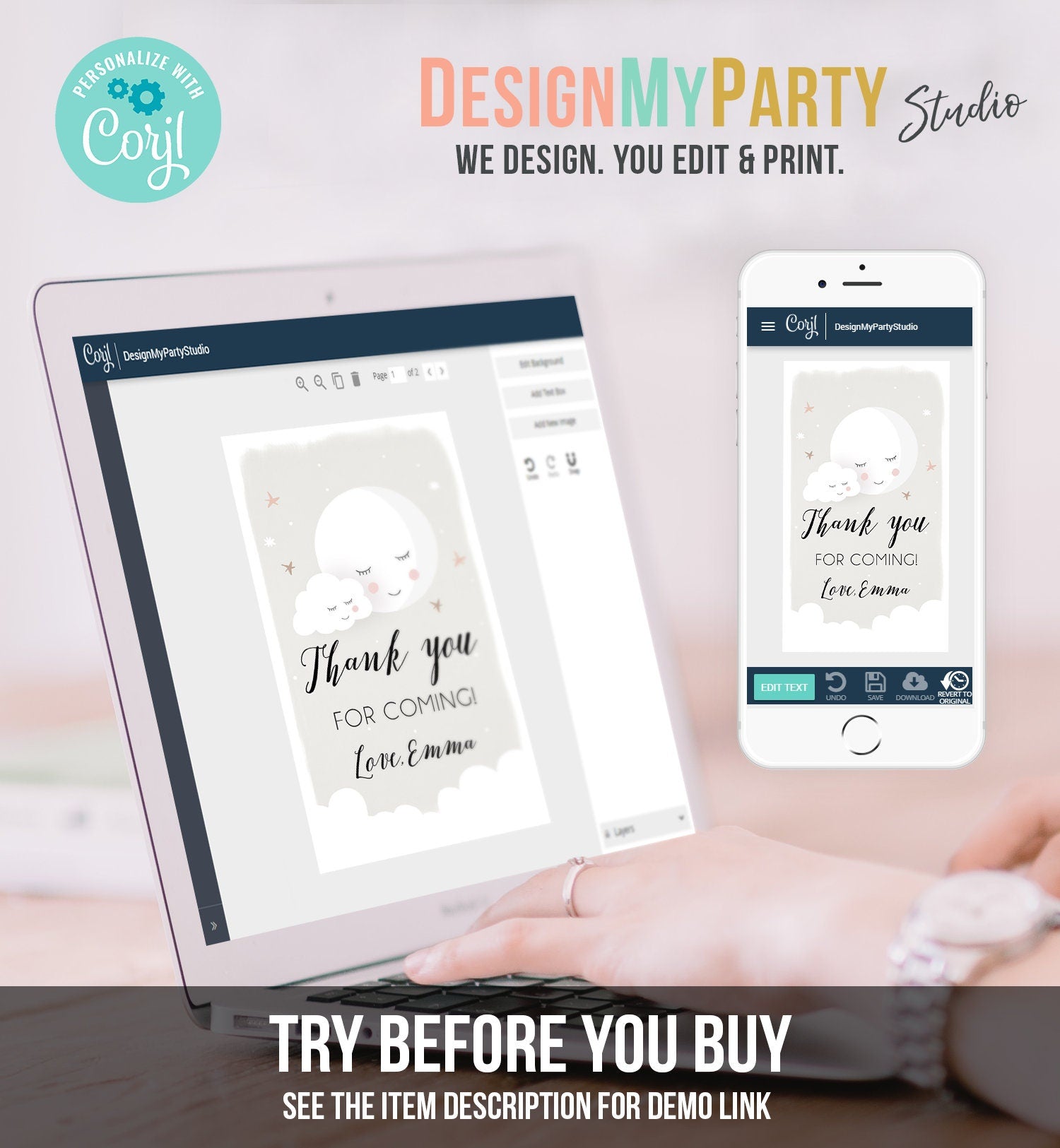 Editable Moon Thank You Favor Tag Baby Shower Gift Love You to the Moon Twinkle Star Gender Neutral Sprinkle Corjl Template Printable 0113