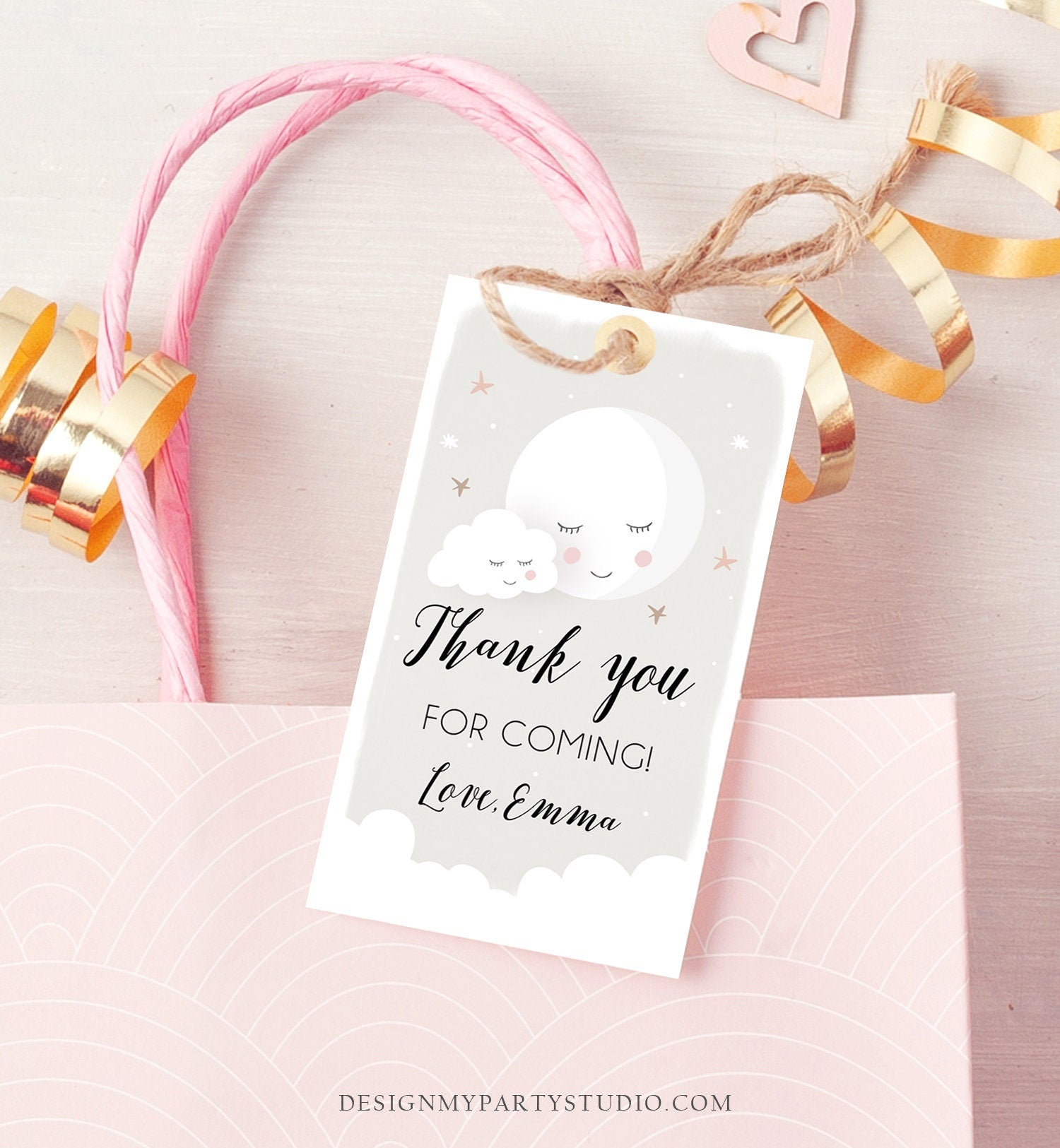 Editable Moon Thank You Favor Tag Baby Shower Gift Love You to the Moon Twinkle Star Gender Neutral Sprinkle Corjl Template Printable 0113