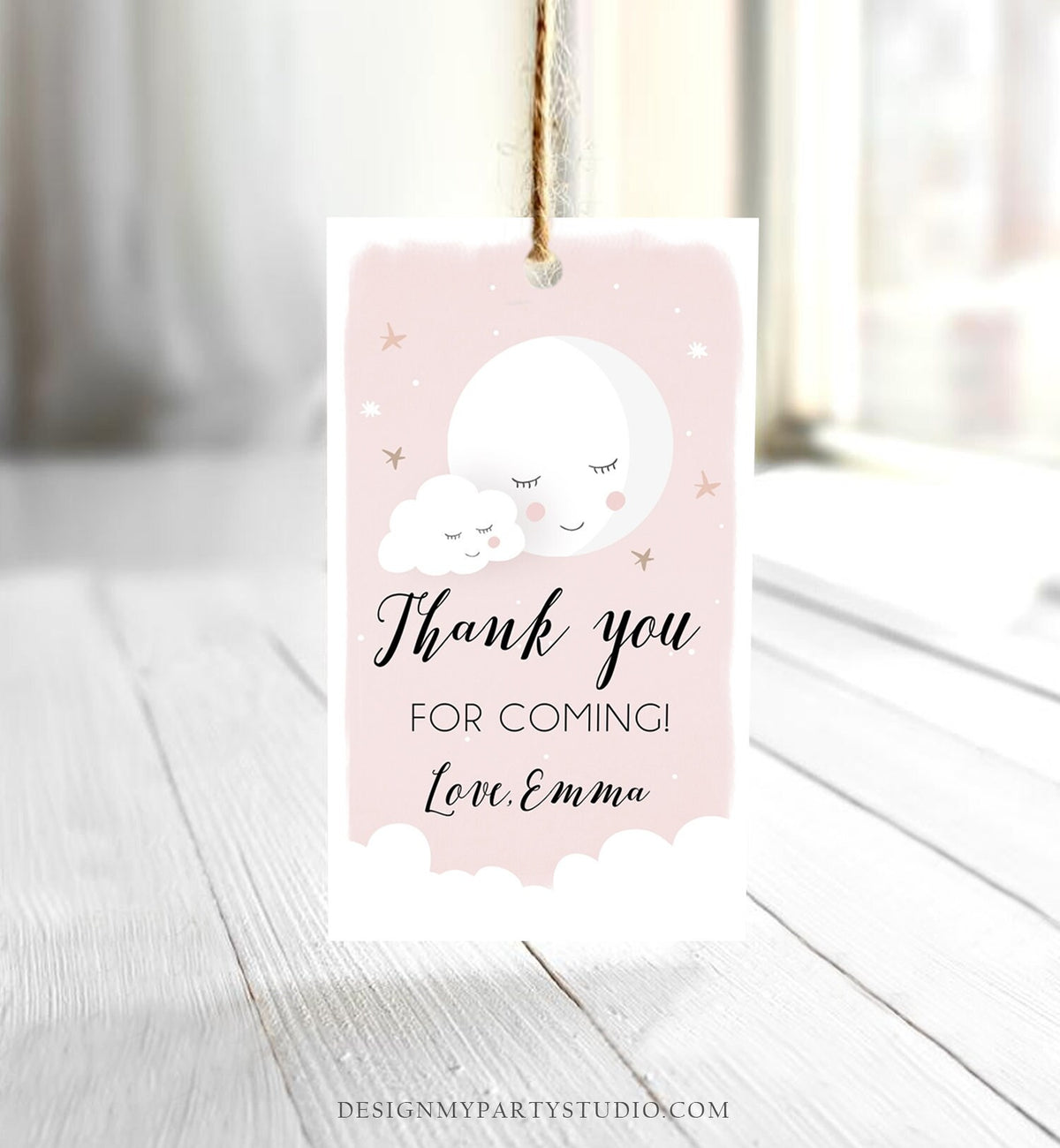 Editable Moon Thank You Favor Tag Baby Shower Gift Love You to the Moon Twinkle Star Baby Girl Pink Sprinkle Corjl Template Printable 0113