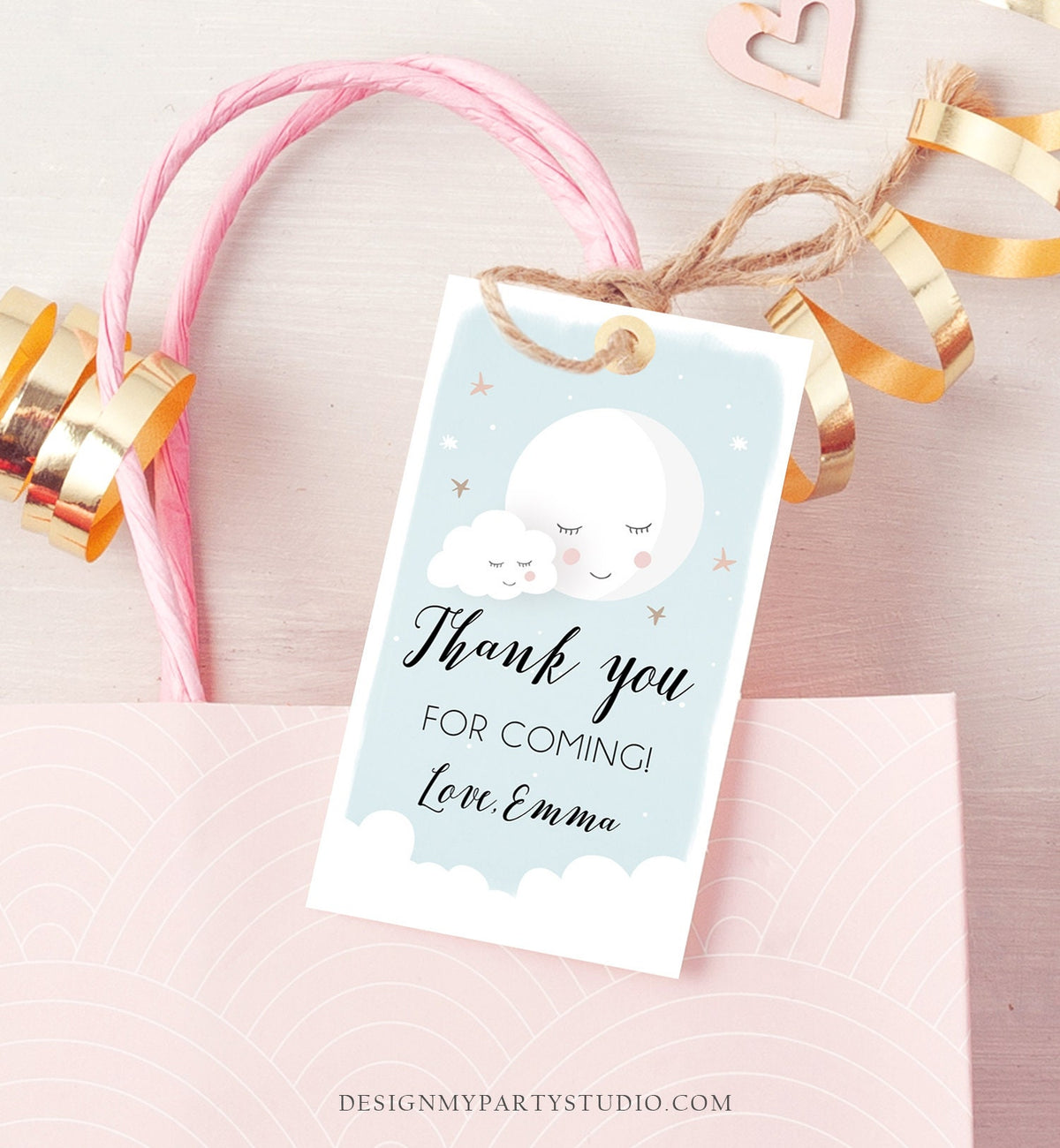 Editable Moon Thank You Favor Tag Baby Shower Gift Love You to the Moon Twinkle Star Baby Boy Blue Sprinkle Corjl Template Printable 0113