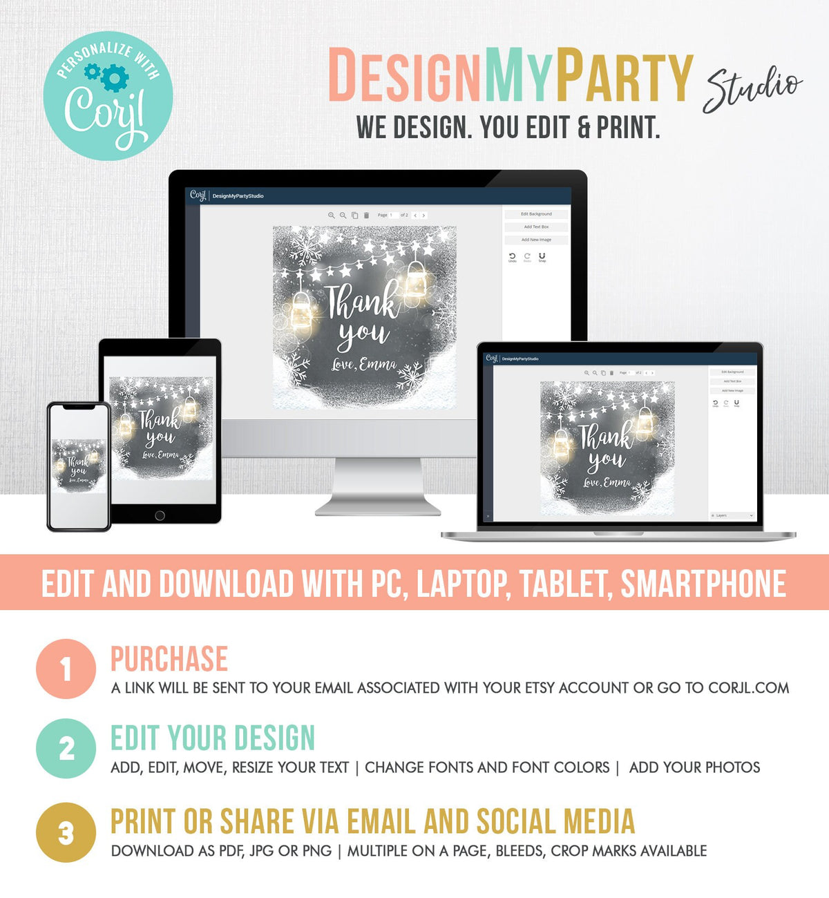 Editable Winter Thank You Favor Tag Baby Shower Birthday Rustic Wood Snowflakes Snow Winter Onederland Digital Corjl Template Printable 0031