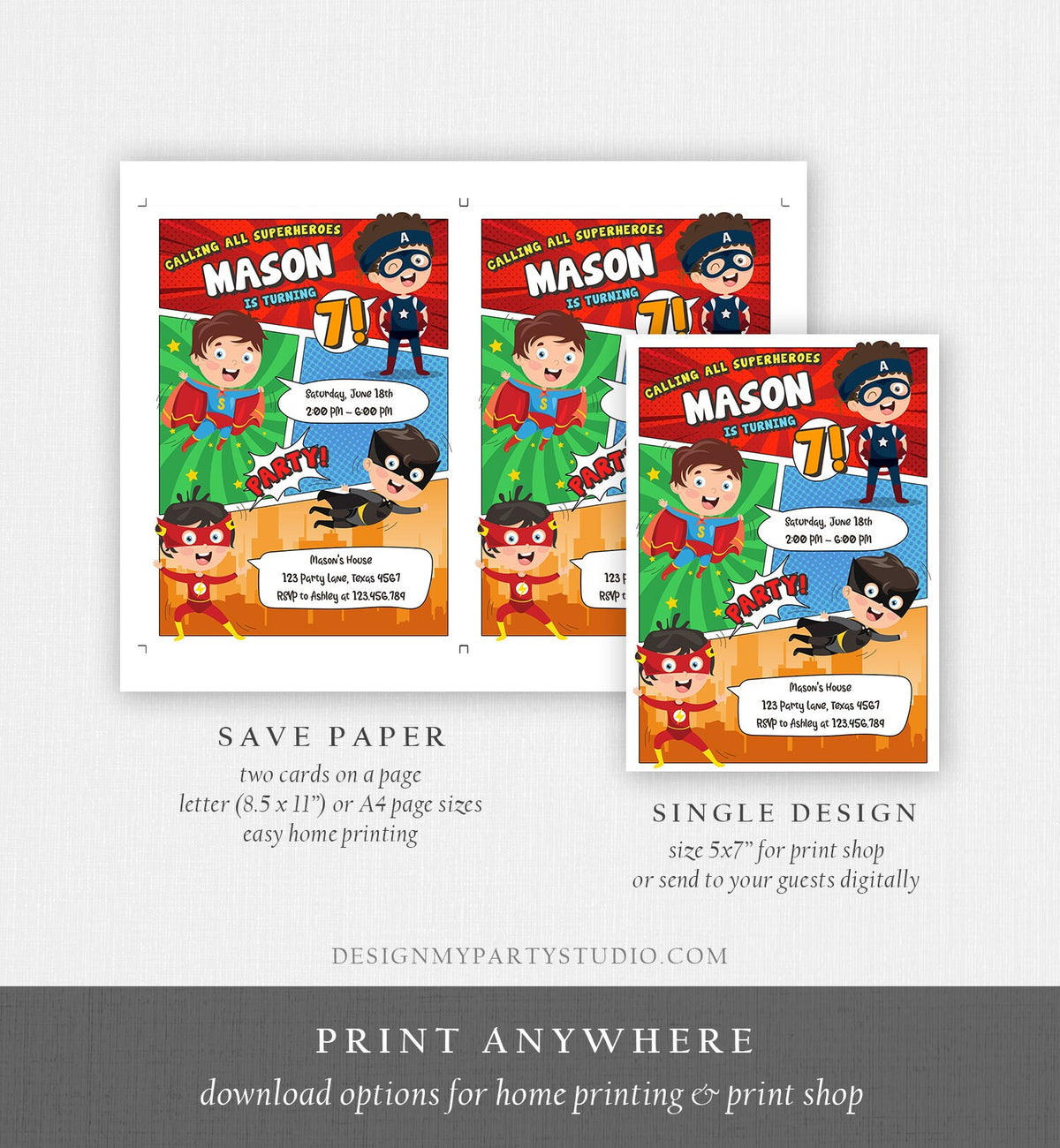 Editable Superheroes Birthday Invitation Comic Book Action Superhero Super Boy Party DC Digital Download Corjl Template Printable 0383