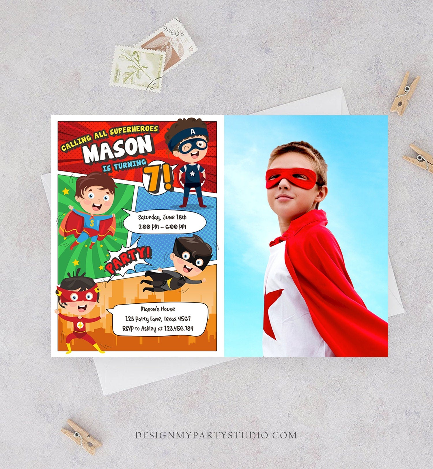 Editable Superheroes Birthday Invitation Comic Book Action Superhero Super Boy Party DC Digital Download Corjl Template Printable 0383