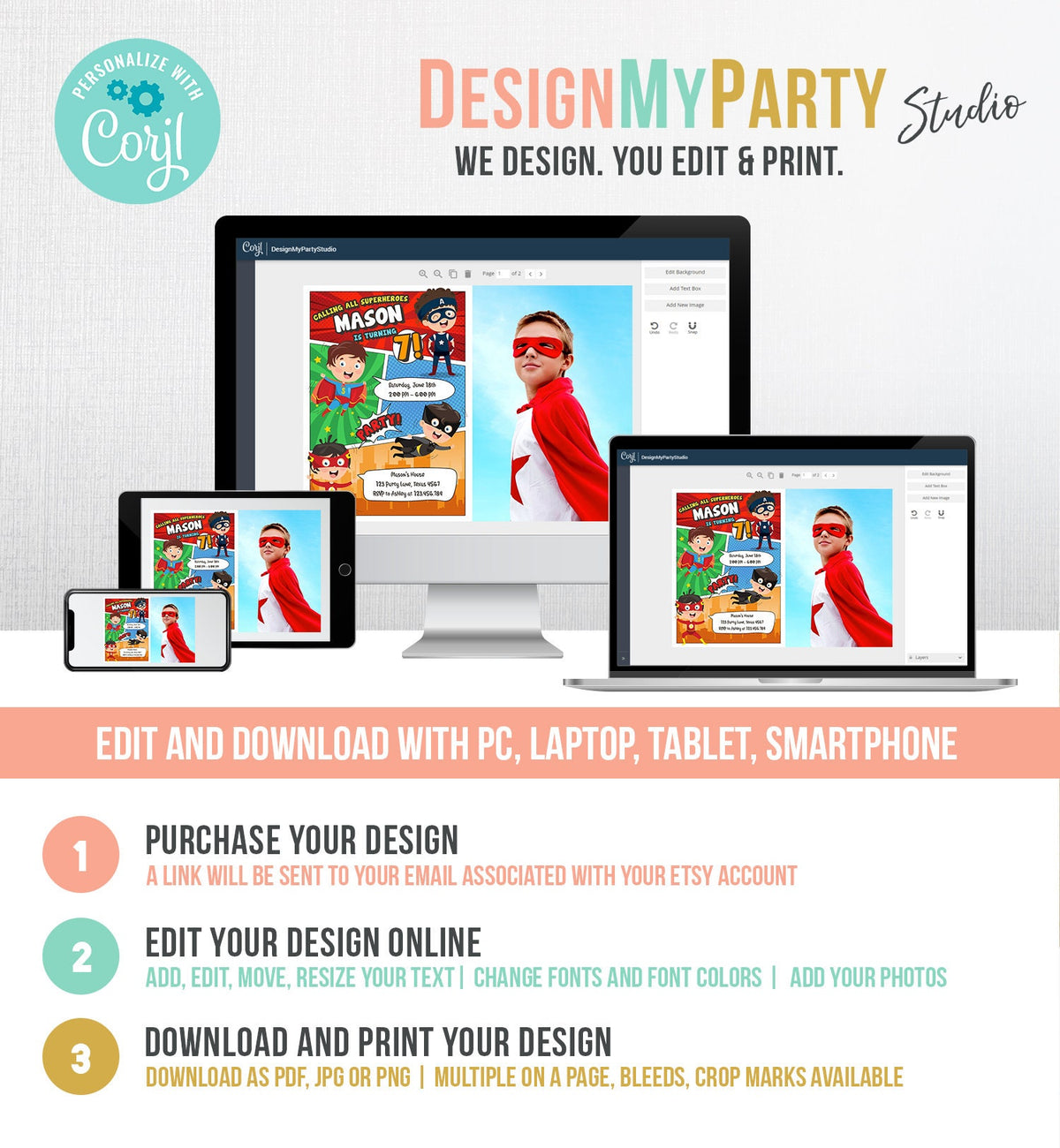 Editable Superheroes Birthday Invitation Comic Book Action Superhero Super Boy Party DC Digital Download Corjl Template Printable 0383