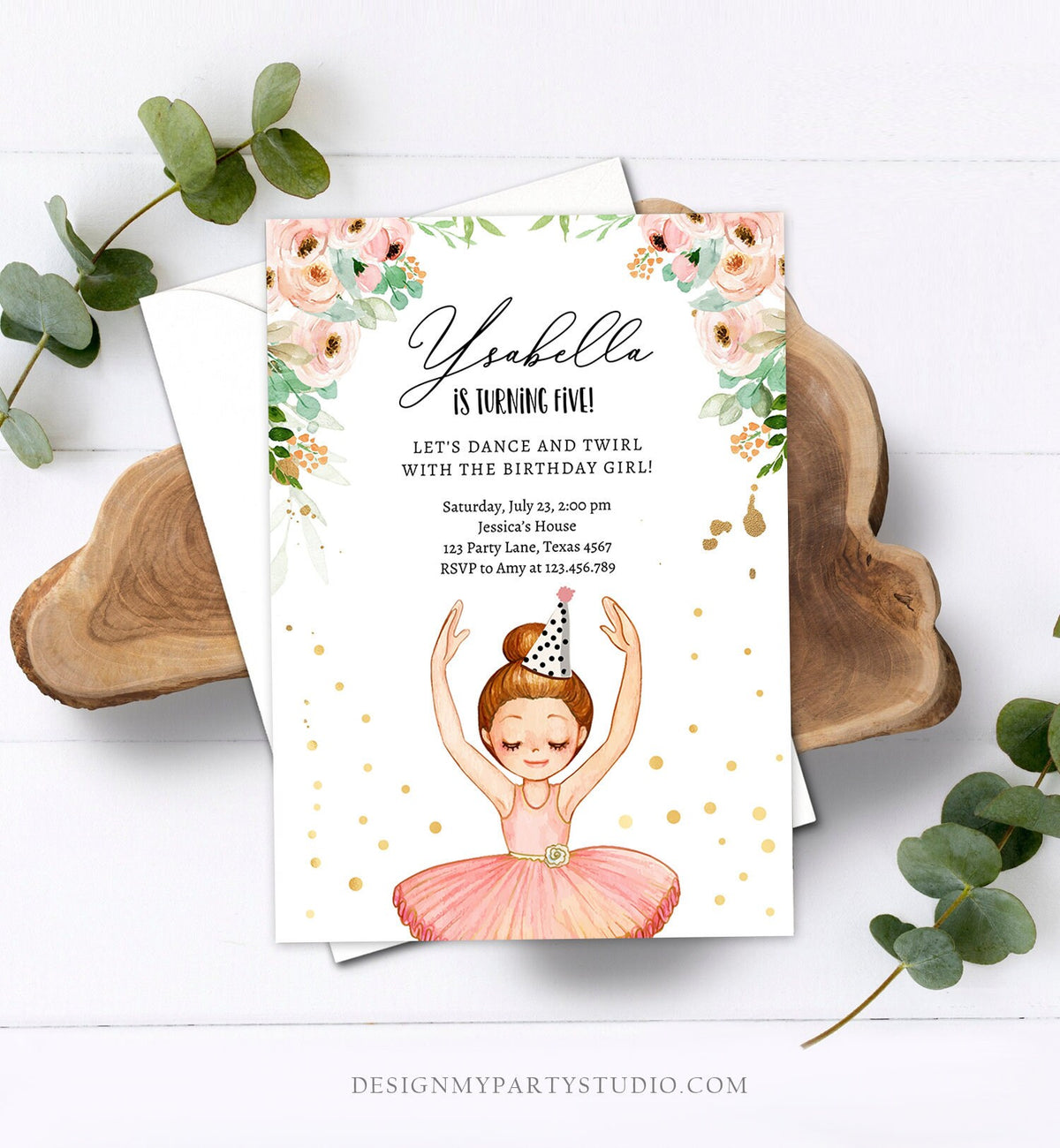 Editable Ballerina Birthday Invitation Ballerina Invitation Ballet Girl Tutu Dress Pink Gold Download Printable Invite Template Corjl 0375