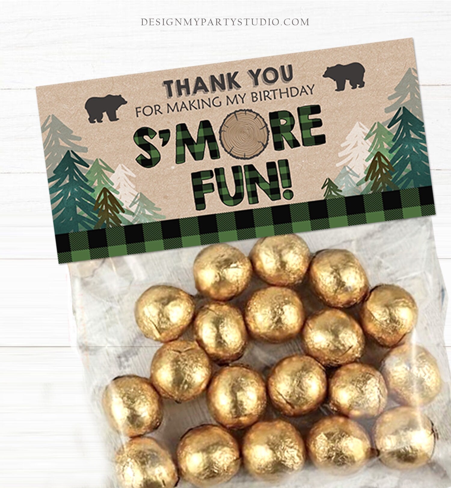 Editable Lumberjack Treat Bag Toppers Smore Fun Birthday Party Wild One Green Buffalo Plaid Baby Shower S'more Digital Corjl Template 0026