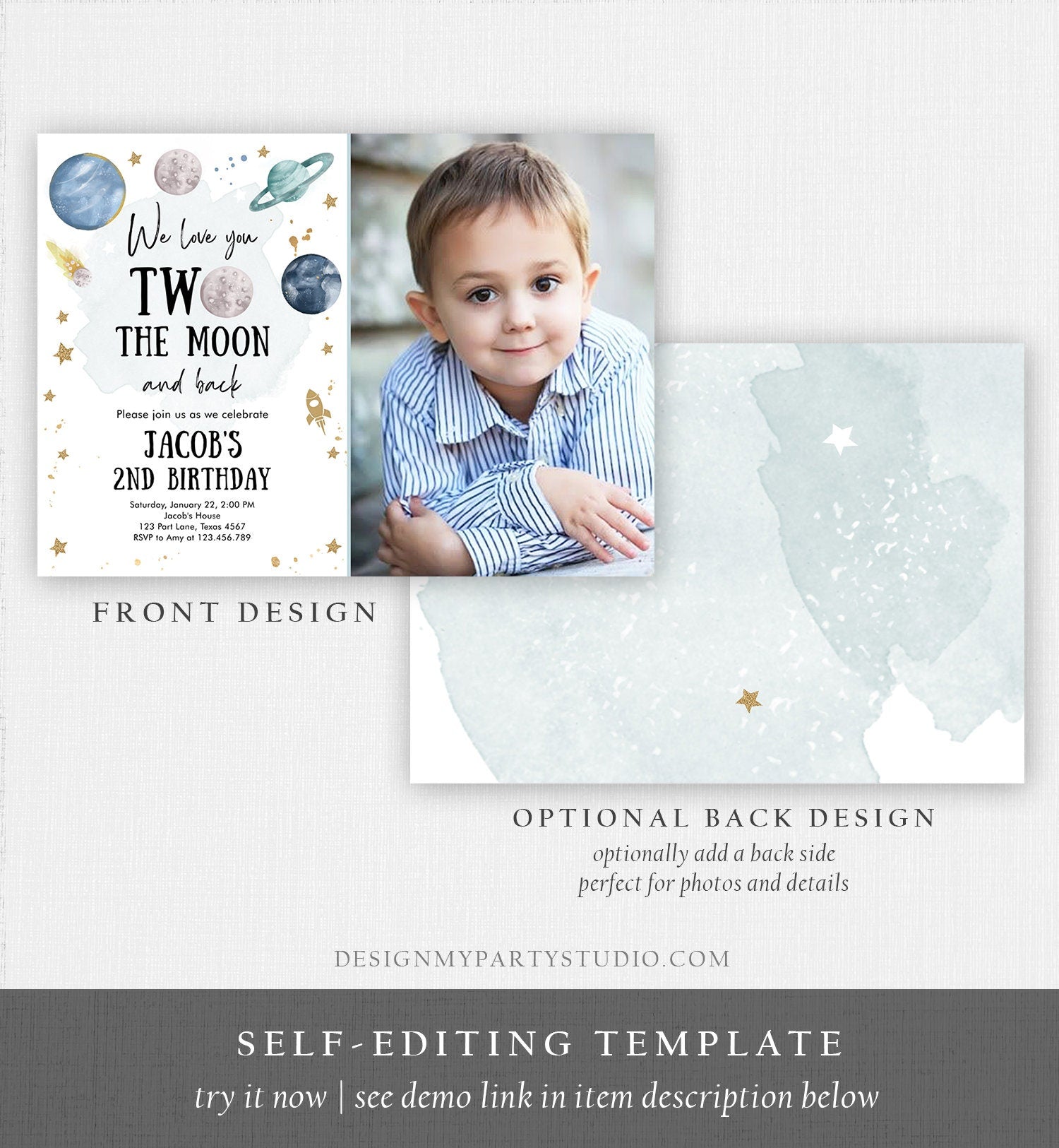 Editable Two the Moon Second Birthday Invitation Space Astronaut Love You to the Moon Galaxy 2nd Boy Printable Template Digital Corjl 0357
