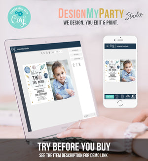 Editable Two the Moon Second Birthday Invitation Space Astronaut Love You to the Moon Galaxy 2nd Boy Printable Template Digital Corjl 0357