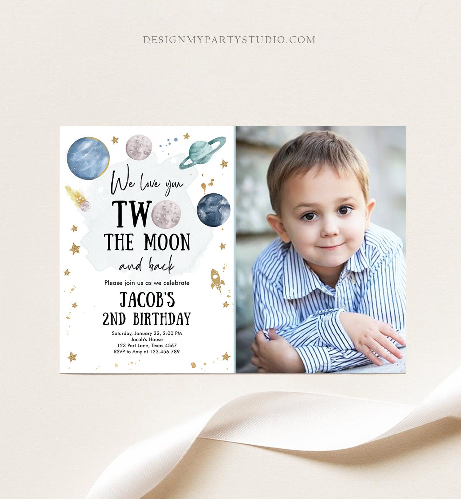 Editable Two the Moon Second Birthday Invitation Space Astronaut Love You to the Moon Galaxy 2nd Boy Printable Template Digital Corjl 0357