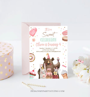 Editable Sweet Celebration Birthday Invitation Sweet One 1st Girl Donut Sweet Shoppe Animals Digital Download Printable Template Corjl 0373