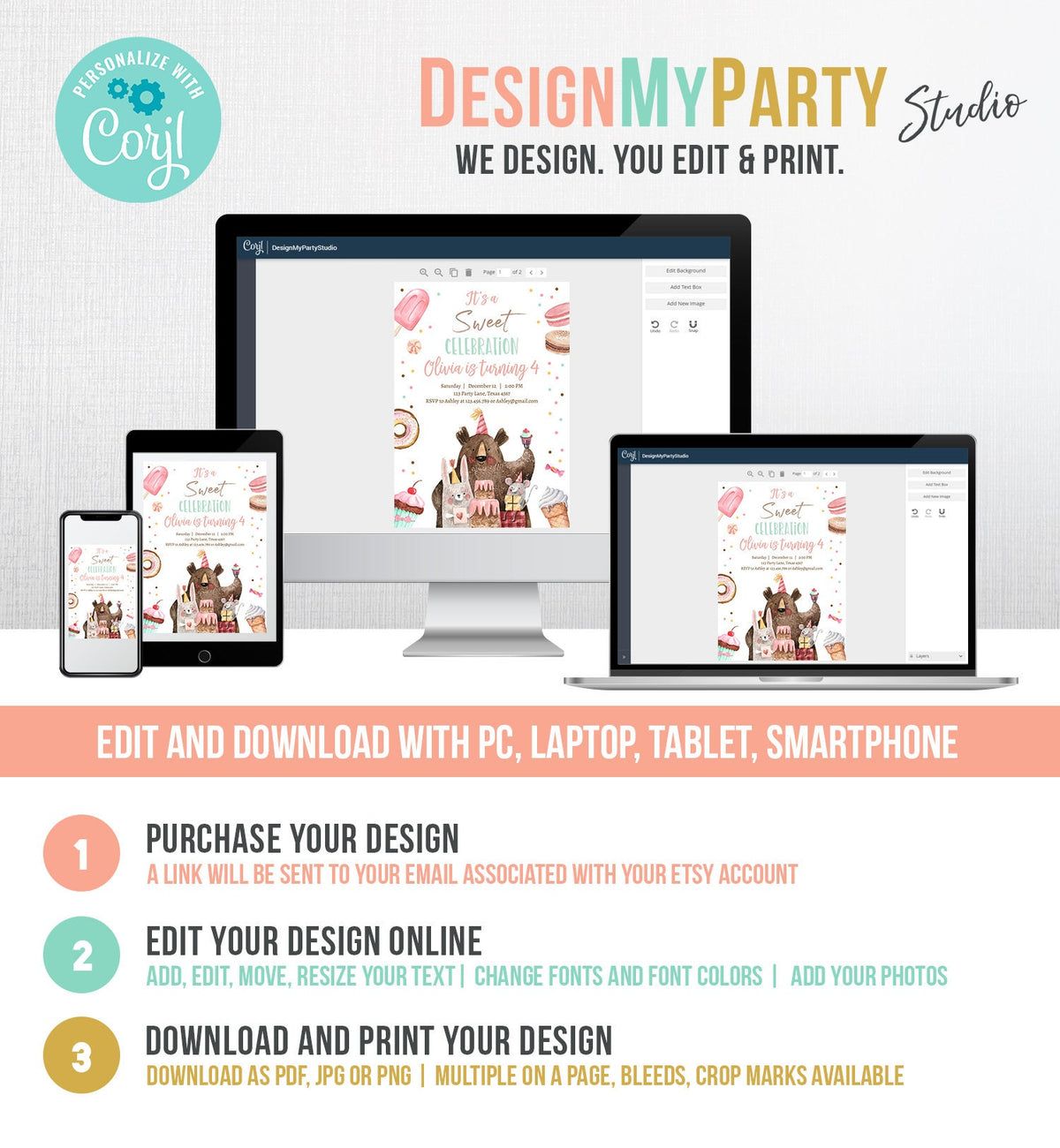 Editable Sweet Celebration Birthday Invitation Sweet One 1st Girl Donut Sweet Shoppe Animals Digital Download Printable Template Corjl 0373