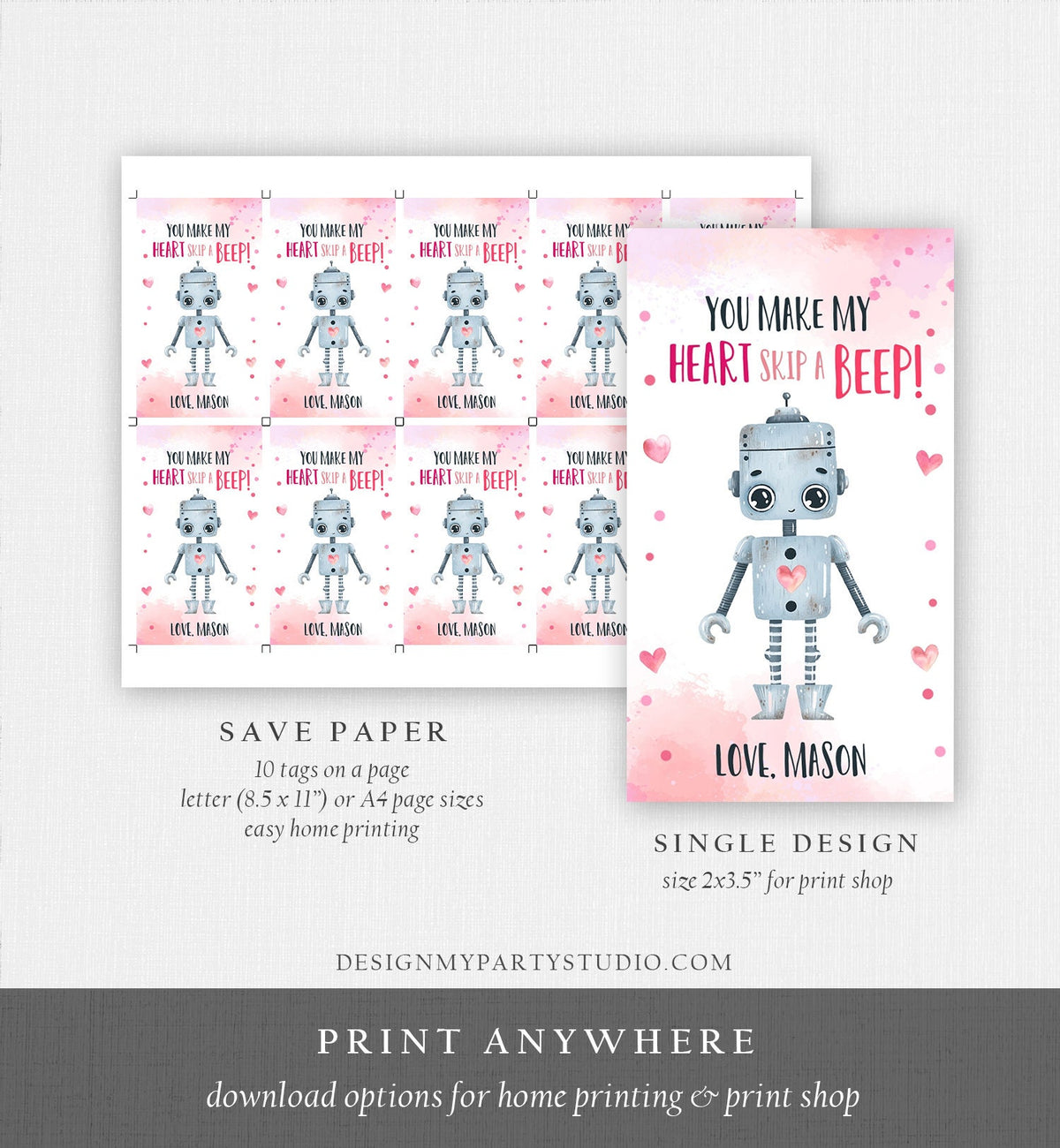Editable Valentine&#39;s Day Favor Tag Thank You Robot Valentines Tag School You Make My Heart Skip a Beep Non-Candy Printable PRINTABLE 0370