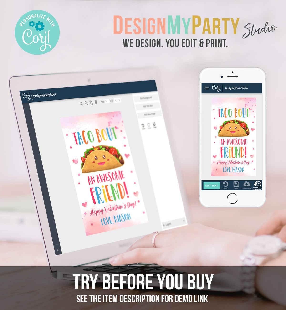 Editable Taco Bout an Awesome Friend Valentine&#39;s Day Favor Tag Thank You Valentines Tag School Non-Candy Printable Digital PRINTABLE 0370