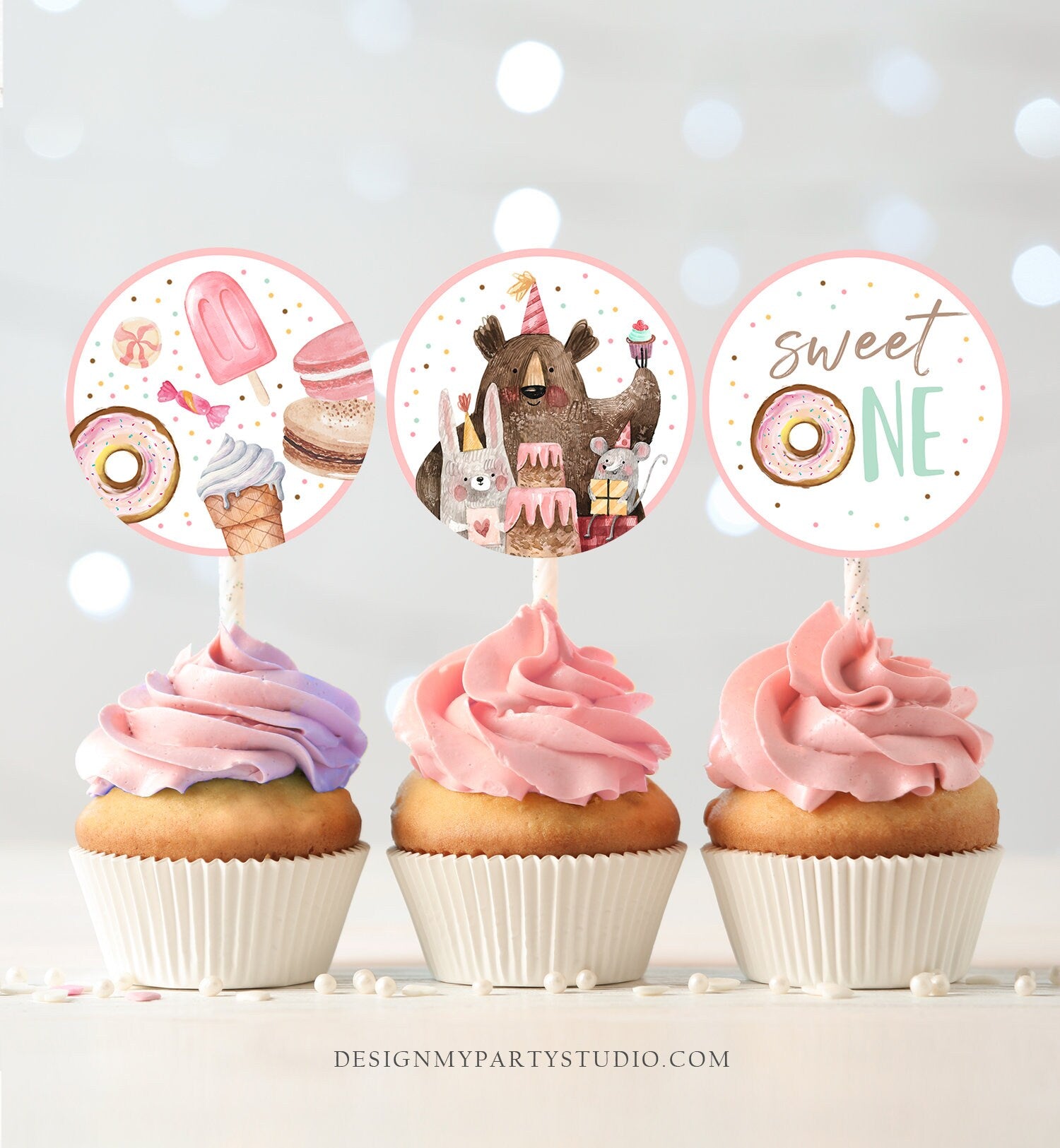 Sweet One Birthday Cupcake Toppers First Birthday Sweet Celebration Sweet Shoppe Donut 1st Birthday Girl Download Digital PRINTABLE 0373