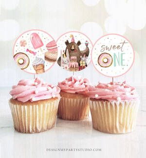 Sweet One Birthday Cupcake Toppers First Birthday Sweet Celebration Sweet Shoppe Donut 1st Birthday Girl Download Digital PRINTABLE 0373