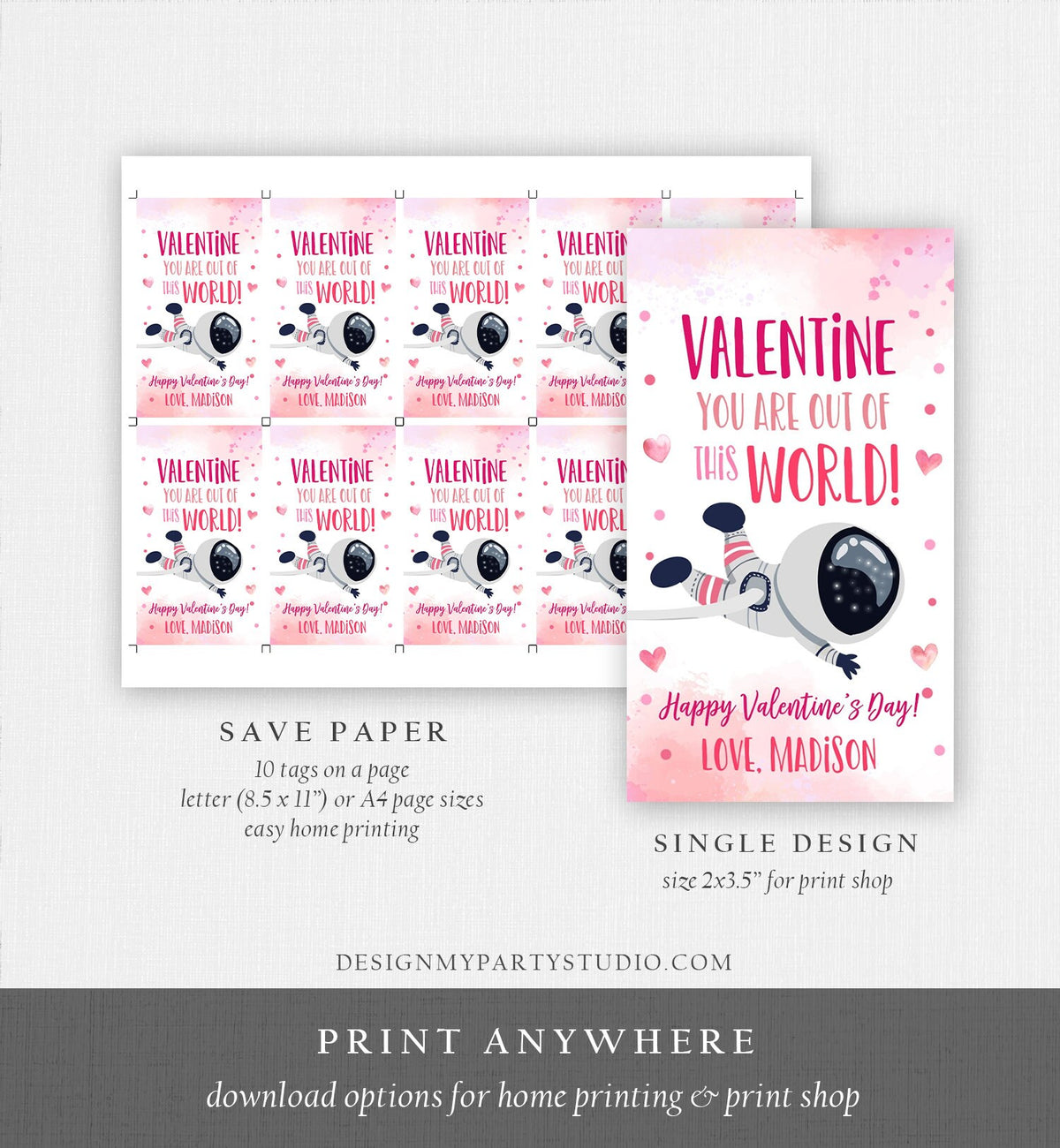 Editable Valentine You Are Out Of This World Favor Tag Thank You Space Astronaut Space Valentine&#39;s Day Tag School Non-Candy Printable 0370