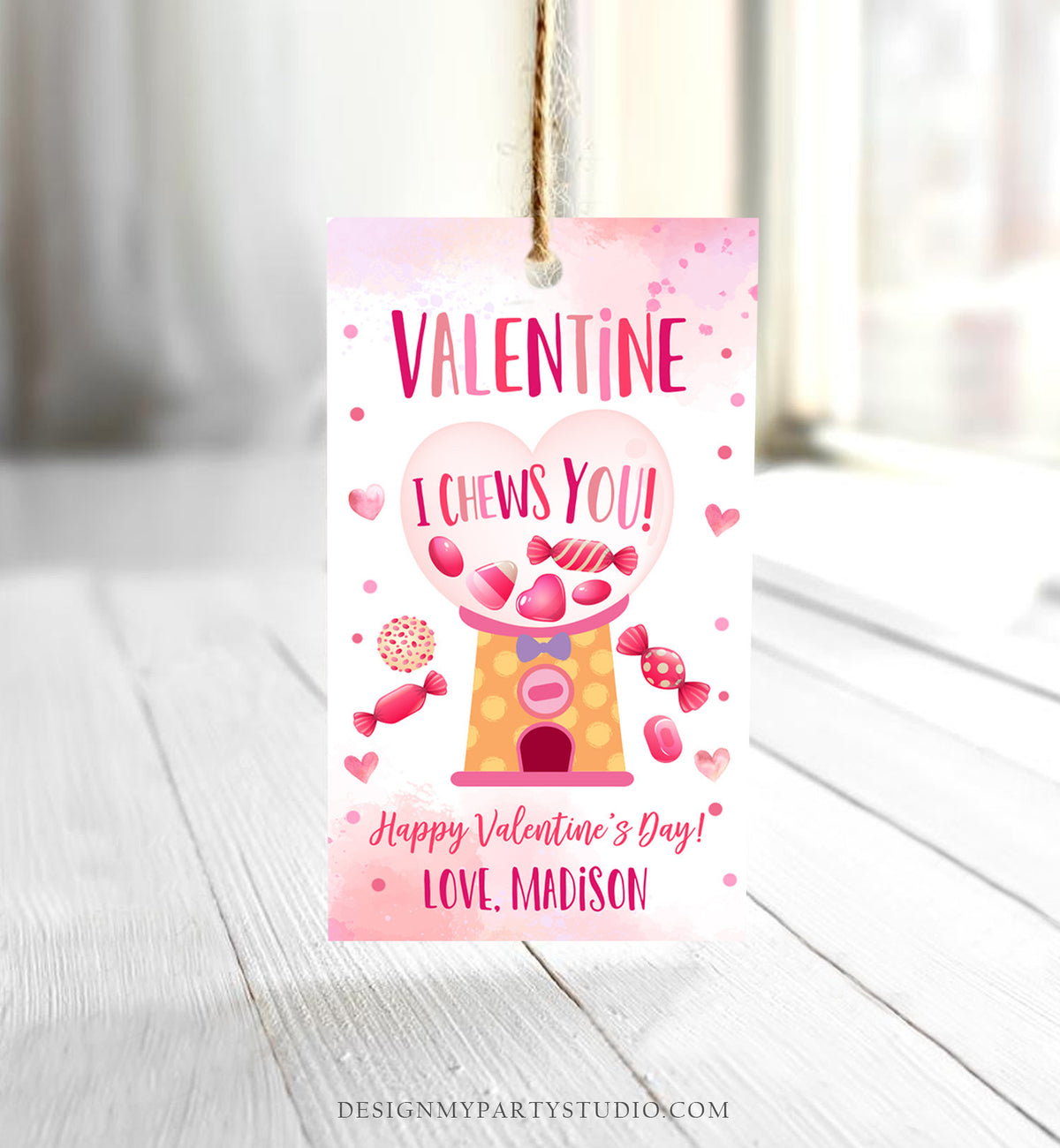 Editable Valentine Bubble Gum Favor Tag Thank You I Chews You Candy Sweet Valentine&amp;#39;s Day School Digital Corjl Template Printable 0370