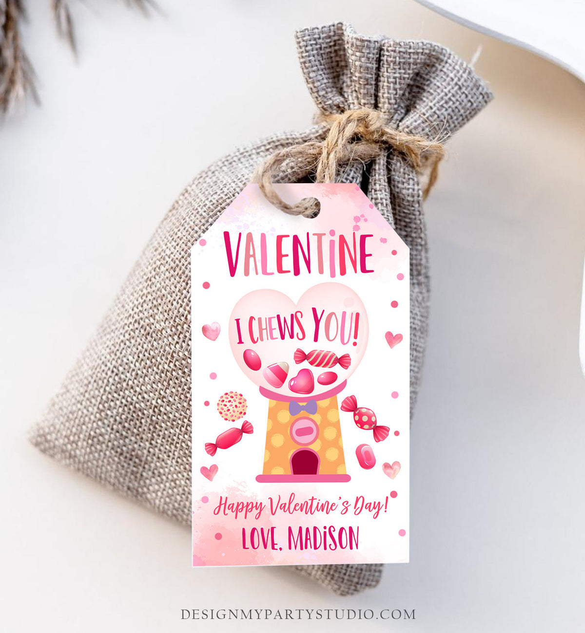 Editable Valentine Bubble Gum Favor Tag Thank You I Chews You Candy Sweet Valentine&amp;#39;s Day School Digital Corjl Template Printable 0370