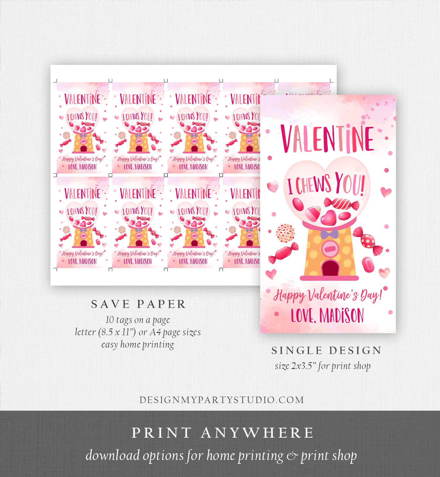 Editable Valentine Bubble Gum Favor Tag Thank You I Chews You Candy Sweet Valentine&#39;s Day School Digital Corjl Template Printable 0370