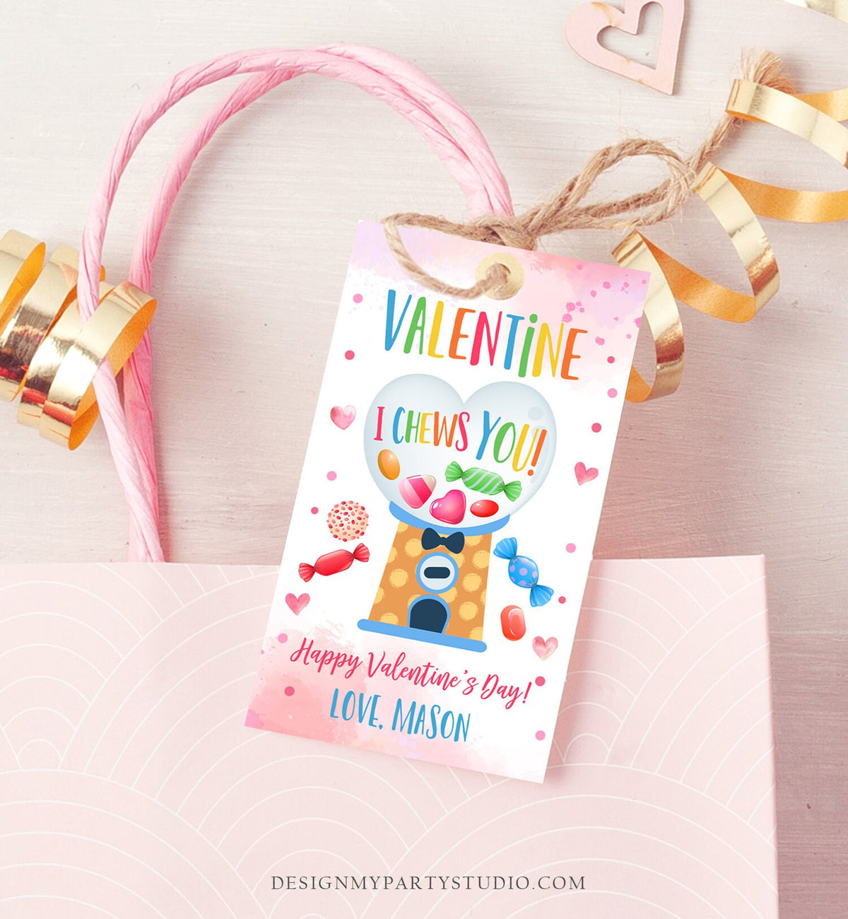 Editable Bubble Gum Valentine Favor Tag Thank You I Chews You Candy Sweet Valentine's Day School Digital Corjl Template Printable 0370