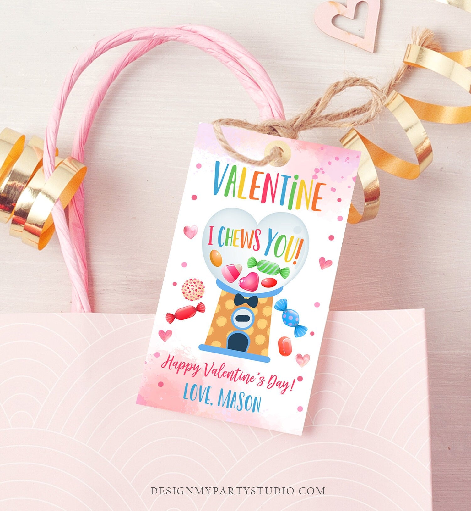 Editable Bubble Gum Valentine Favor Tag Thank You I Chews You Candy Sweet Valentine's Day School Digital Corjl Template Printable 0370