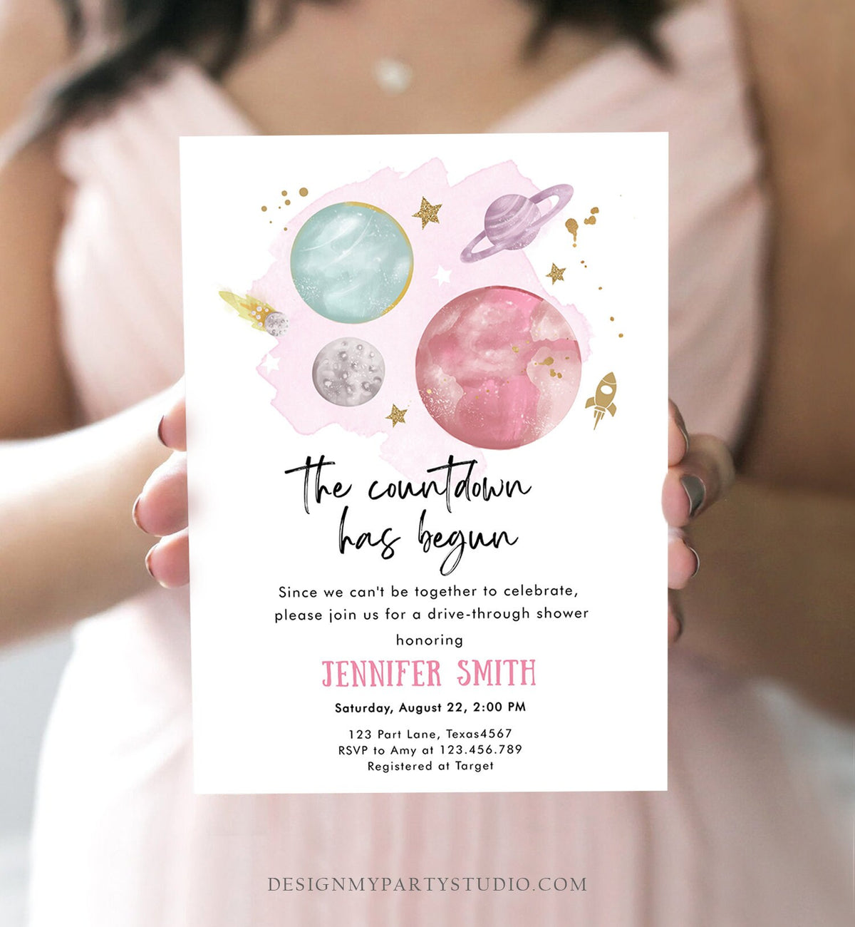 Editable Space Drive By Baby Shower Invitation Galaxy Outer Space It&#39;s a Girl Pink Planets Moon Countdown Drive Through Corjl Template 0357