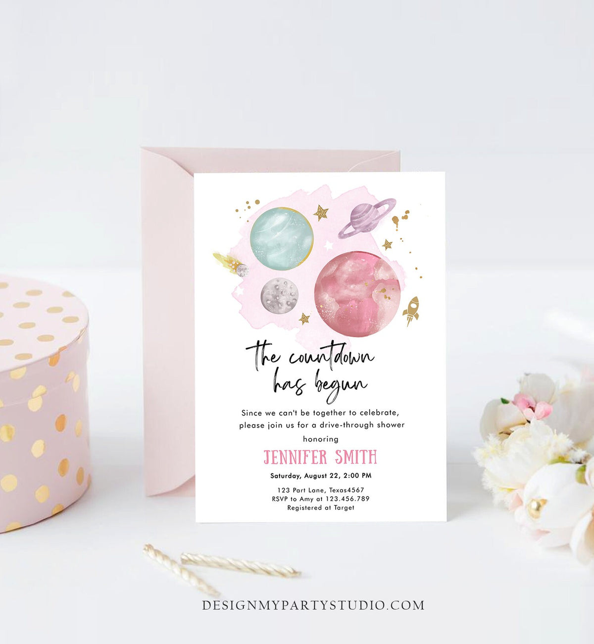 Editable Space Drive By Baby Shower Invitation Galaxy Outer Space It&#39;s a Girl Pink Planets Moon Countdown Drive Through Corjl Template 0357