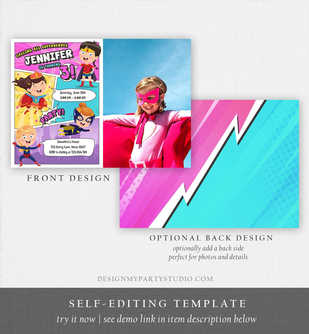 Editable Superheroes Birthday Invitation Comic Book Action Superhero Super Girl Party DC Digital Download Corjl Template Printable 0383