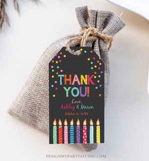 Editable Candles Confetti Favor Tags Joint Twin Birthday Thank You Tags Label Candle Colorful Boy Girl Shower Corjl Template Printable 0277